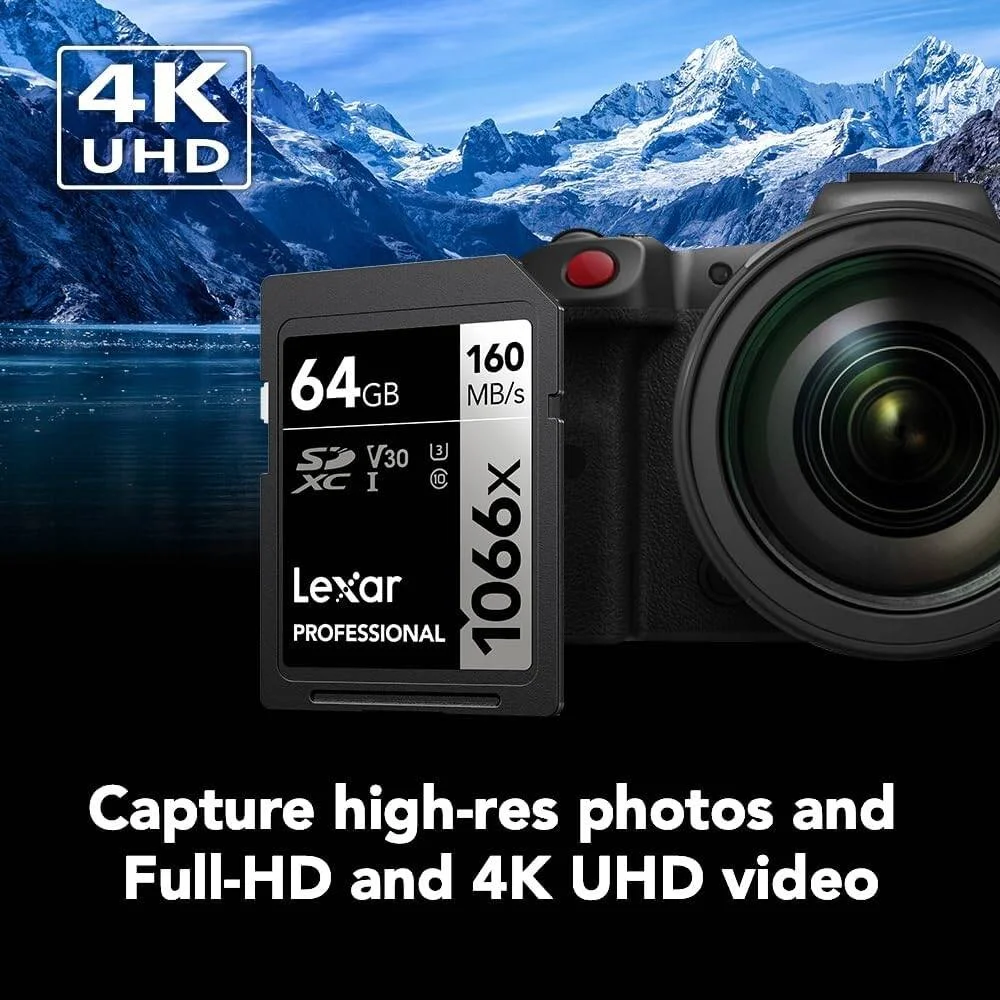 کارت حافظه 64 گیگابایتی Lexar Professional 1066x SDXC، UHS-I، C10، U3، V30، ویدئوهای Full-HD و 4K، سرعت خواندن تا 160 مگابایت بر ثانیه، برای دوربین های DSLR و بدون آینه | LSD1066064G-BNNNU