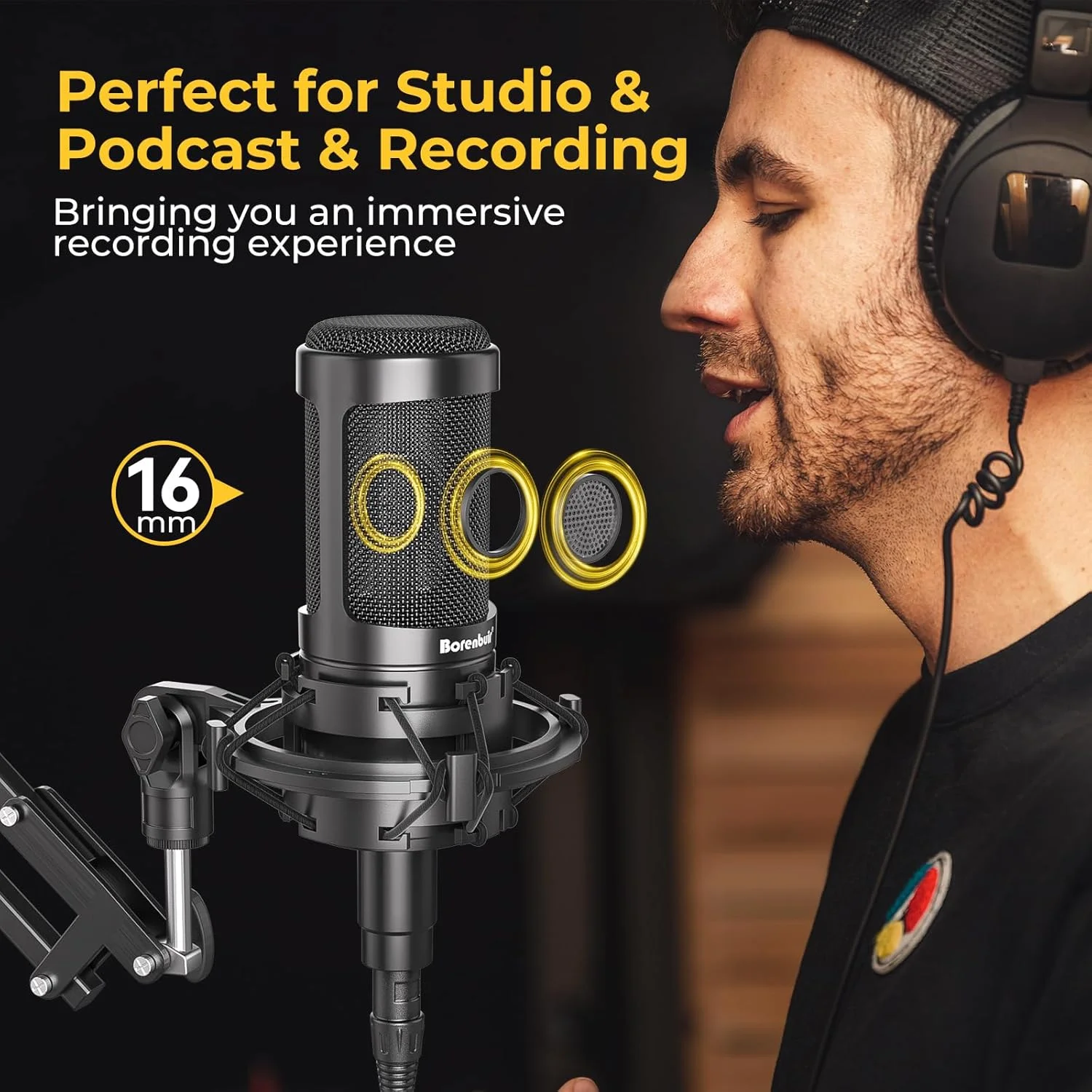 میکروفون کاندنسر کاردیوئید XLR، میکروفون استودیویی با لرزه‌گیر و کابل میکروفون XLR برای پادکست، موسیقی و صداگذاری، ایده‌آل برای پروژه‌های استودیویی/خانگی