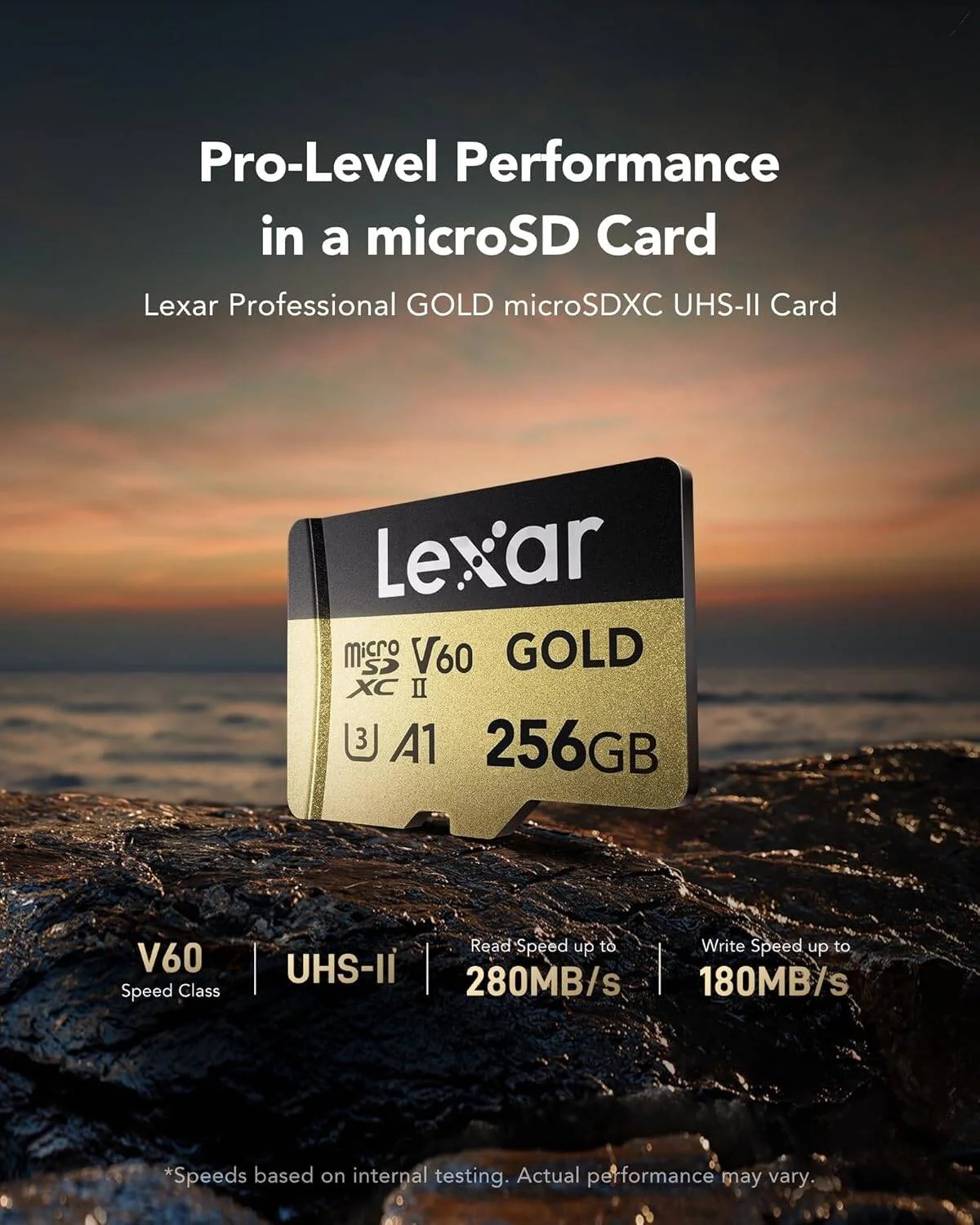 کارت حافظه میکرو اس دی Lexar Gold با ظرفیت 256 گیگابایت، کارت حافظه microSDXC UHS-II، V60، U3، A1، C10، سرعت خواندن تا 280 مگابایت بر ثانیه، مناسب برای پهپاد/دوربین ورزشی/دستگاه بازی UHS-II (LMSGOLD256G-BNNG)