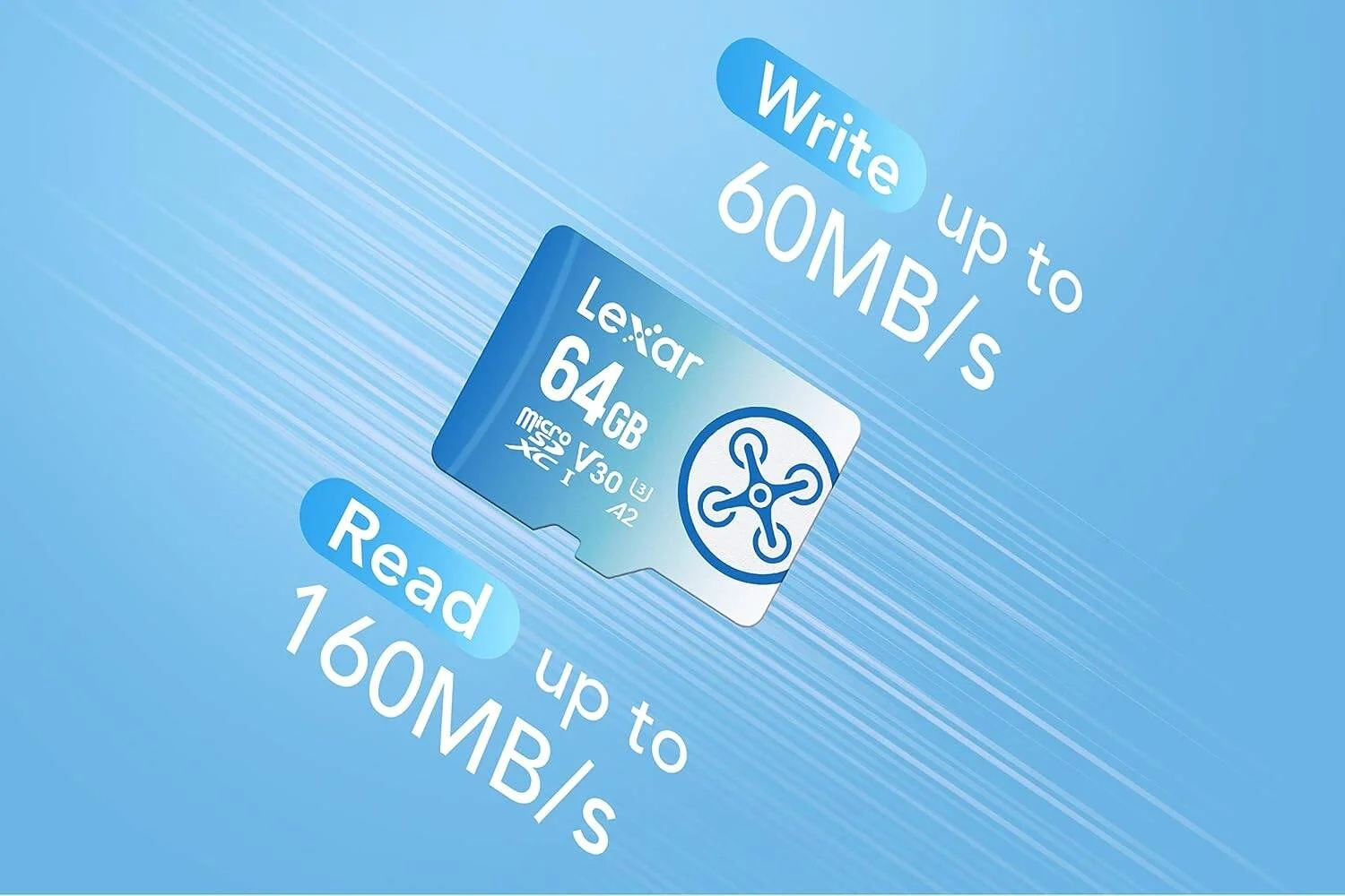 کارت حافظه میکرو اس دی 64 گیگابایتی Lexar Fly، کارت حافظه فلش microSDXC UHS-I، سرعت خواندن تا 160 مگابایت بر ثانیه، U3، Class 10، V30، A2، کارت TF پرسرعت برای پهپاد DJI و دوربین اکشن | LMSFLYX064G-BNNAA