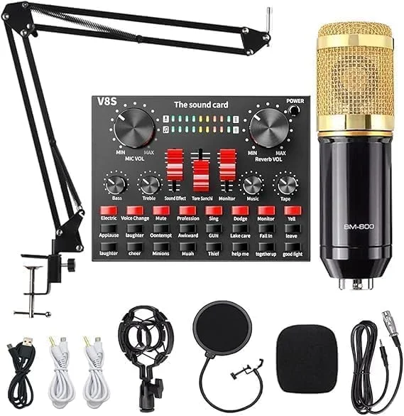 میکروفون کاندنسر BM 800 با کارت صدای V8S، تجهیزات استودیویی کامل، میکسر صدای خارجی با میکروفون برای خوانندگی، پخش زنده و تولیدکنندگان محتوا میکروفون کاندنسر BM 800 با کارت صدای V8S، تجهیزات استودیویی کامل، میکسر صدای خارجی با میکروفون برای خوانندگی، پخش زنده و تولیدکنندگان محتوا