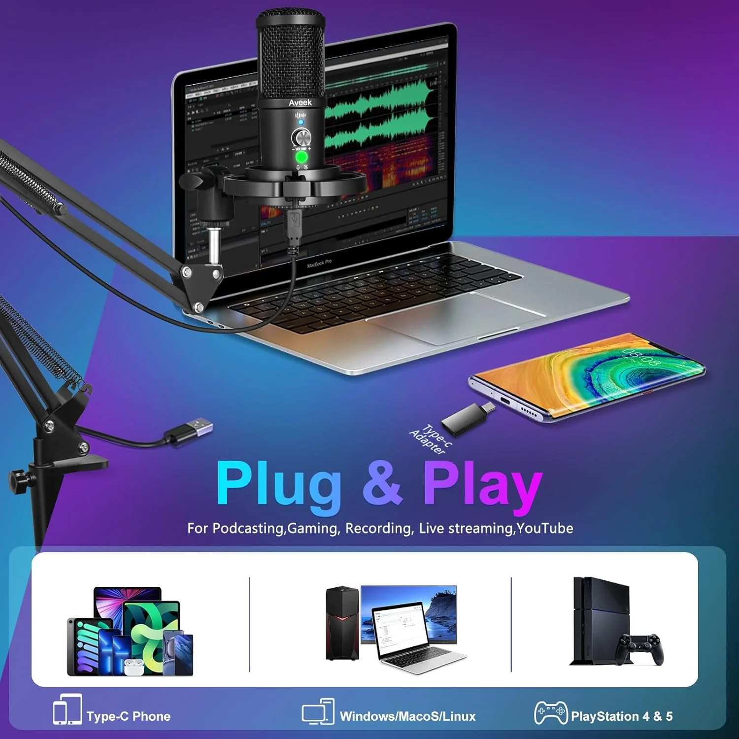 کیت میکروفون USB آویک ۱۹۲KHZ/24BIT، میکروفون پادکست PC با قطع صدا، مانیتورینگ هدست و حذف نویز، میکروفون کندانسور کاردیوئید با بازوی بوم برای کامپیوتر و تلفن، یوتیوب، بازی، ضبط کیت میکروفون USB آویک ۱۹۲KHZ/24BIT، میکروفون پادکست PC با قطع صدا، مانیتورینگ هدست و حذف نویز، میکروفون کندانسور کاردیوئید با بازوی بوم برای کامپیوتر و تلفن، یوتیوب، بازی، ضبط