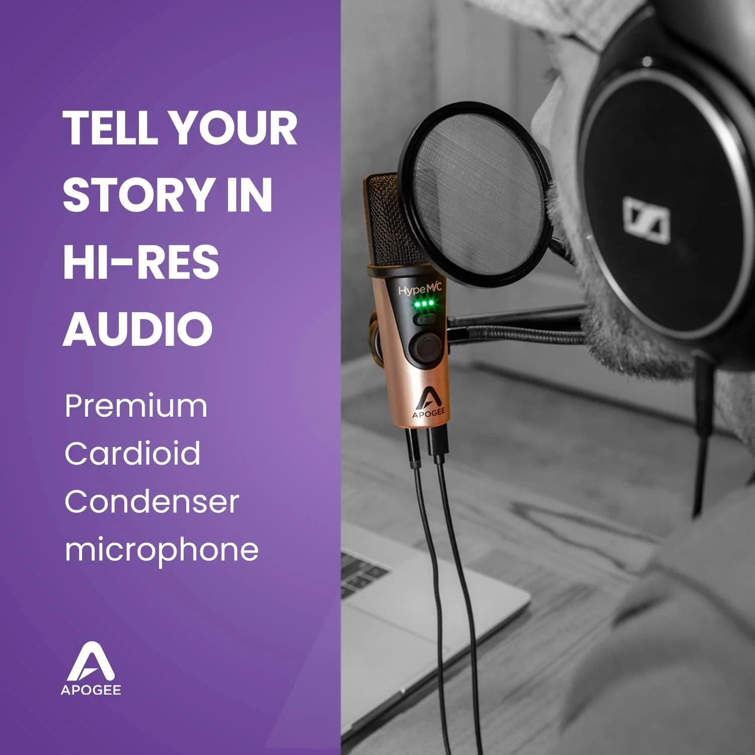 میکروفون USB کاردیوئید Apogee HypeMic برای iPad، iPhone، Mac و Windows با اتصال PureDIGITAL 24 بیتی/96 کیلوهرتز، کمپرسور، ویژگی ترکیب خروجی هدفون میکروفون USB کاردیوئید Apogee HypeMic برای iPad، iPhone، Mac و Windows با اتصال PureDIGITAL 24 بیتی/96 کیلوهرتز، کمپرسور، ویژگی ترکیب خروجی هدفون