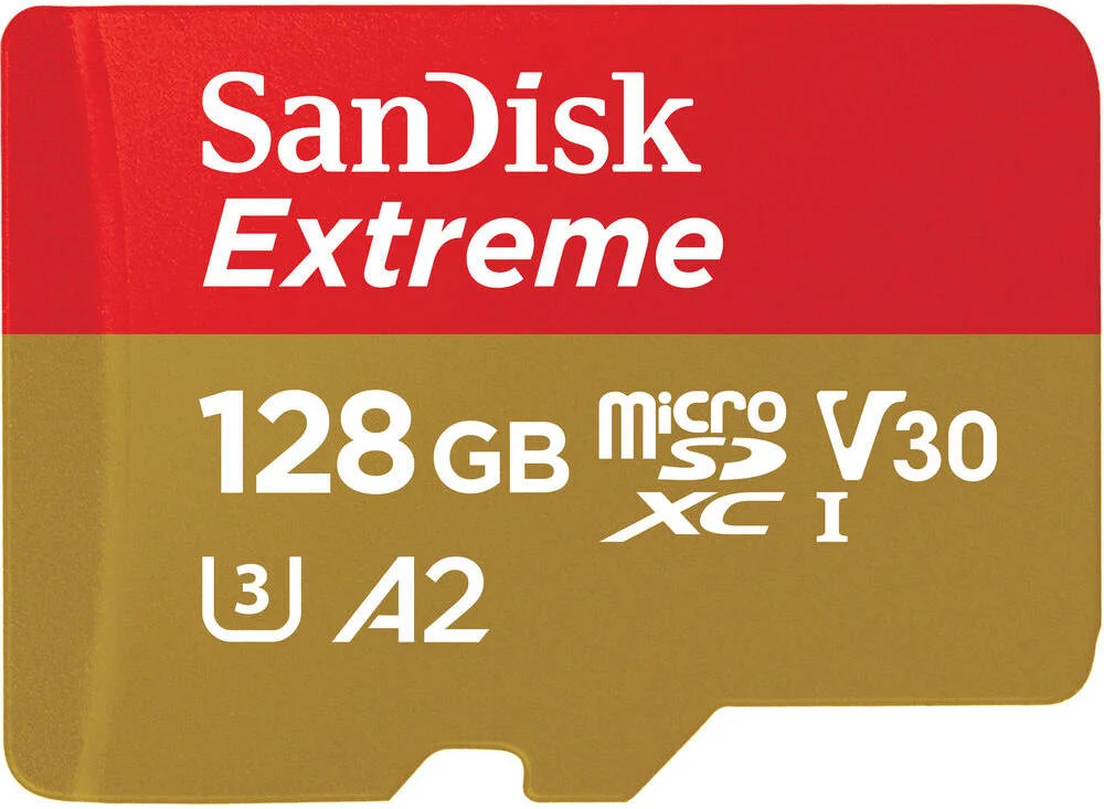 کارت حافظه میکرو اس دی SanDisk Extreme UHS-I با ظرفیت 128 گیگابایت، حداکثر سرعت خواندن: 190 مگابایت بر ثانیه، حداکثر سرعت نوشتن: 90 مگابایت بر ثانیه، ضبط ویدیوهای Full HD و UHD 4K، بهینه شده برای بازی های موبایل، قرمز و طلایی | SDSQXA1-128G-GN6MN