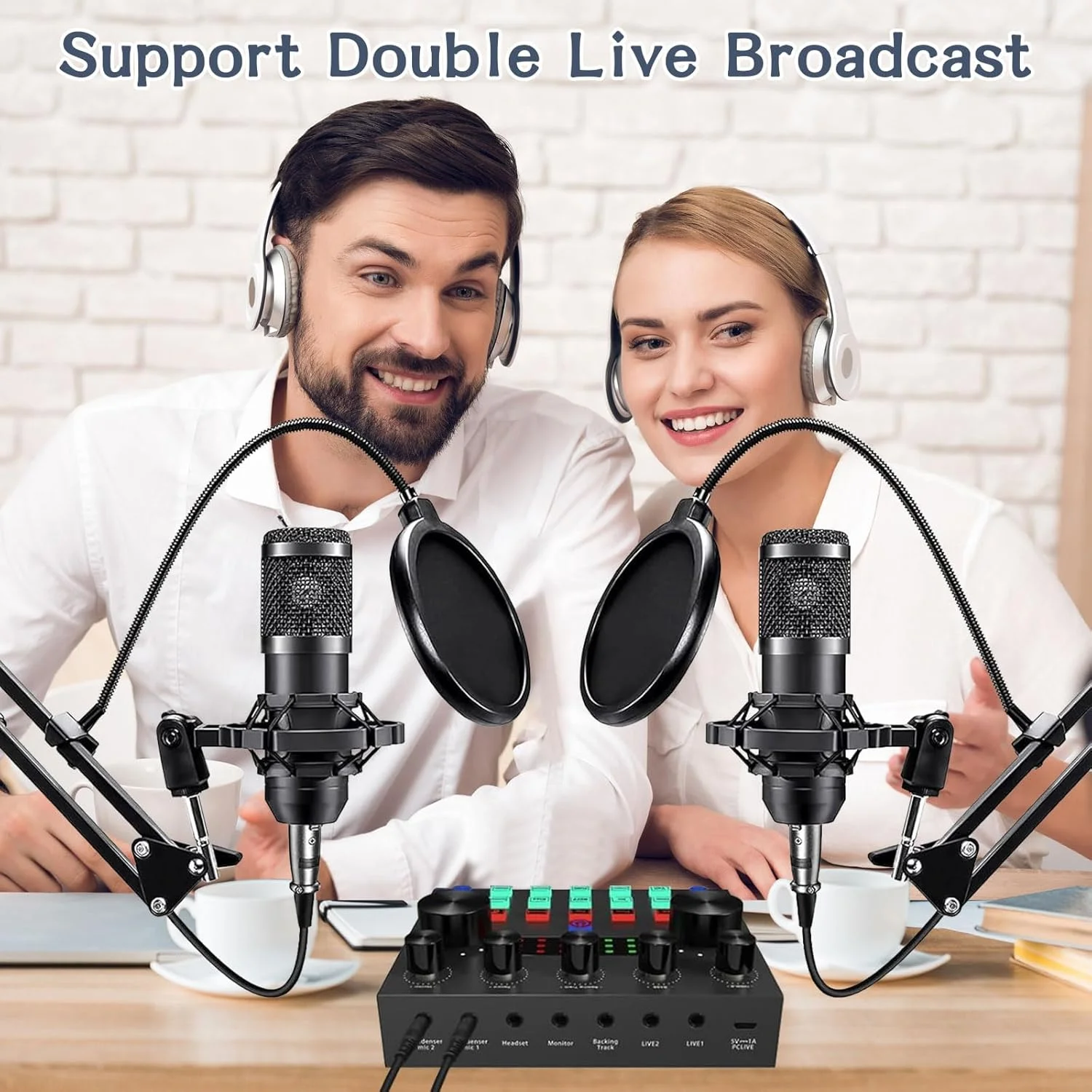 مجموعه تجهیزات پادکست ALPOWL برای 2 نفر، کارت صدای با میکروفون کاردیوئید BM800 برای گیمر و میکسر DJ همه کاره، ایده آل برای پخش زنده، آواز، یوتیوب، بازی