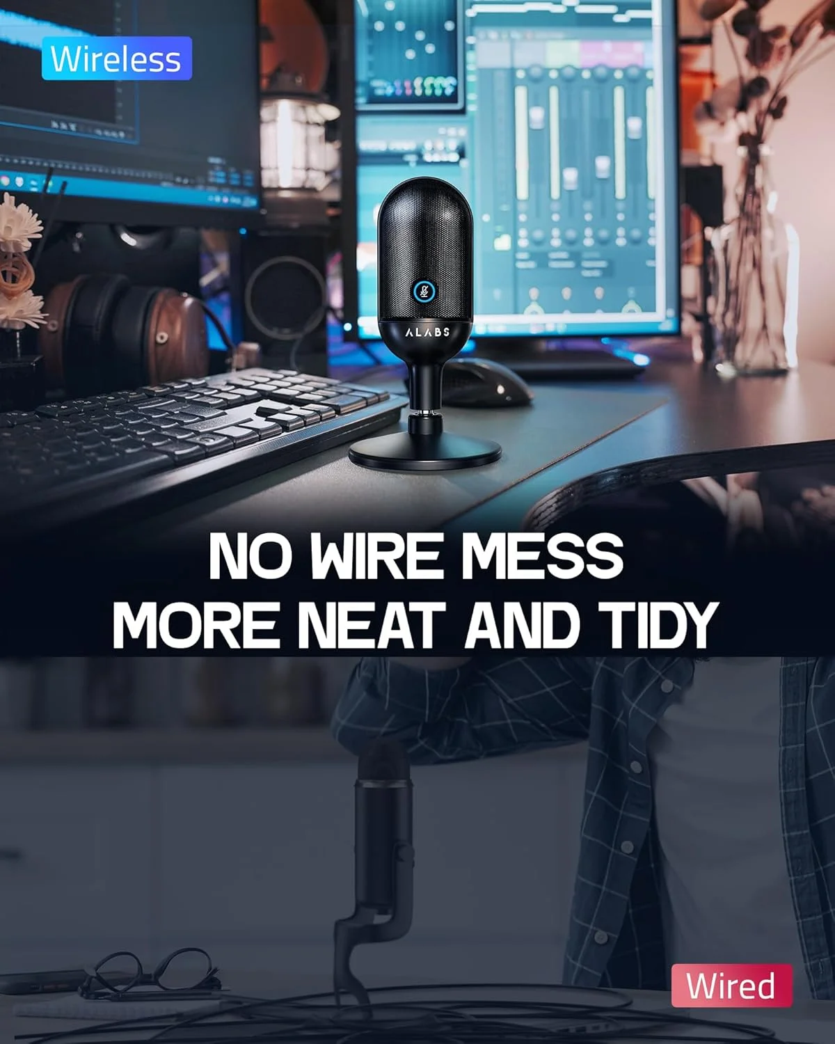 میکروفون کاندنسر کاردیوئید بیسیم USB ALABS برای پادکست، بازی و دفتر کار خانگی، فاصله انتقال سیگنال 30 متری، میکروفون استریمینگ با نشانگر بیصدا کردن سریع LED و حذف نویز برای PC و Mac میکروفون کاندنسر کاردیوئید بیسیم USB ALABS برای پادکست، بازی و دفتر کار خانگی، فاصله انتقال سیگنال 30 متری، میکروفون استریمینگ با نشانگر بیصدا کردن سریع LED و حذف نویز برای PC و Mac