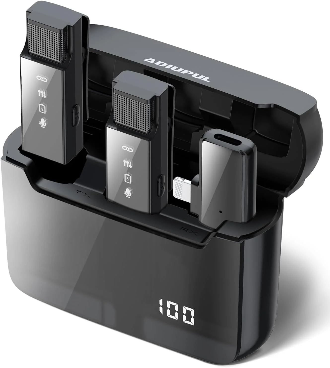 میکروفون یقه‌ای بی‌سیم برای آیفون و آیپد با حذف نویز فعال، بسته‌ی 2 عددی میکروفون مینی پلاگین با جعبه شارژ 30 ساعته (مشکی)