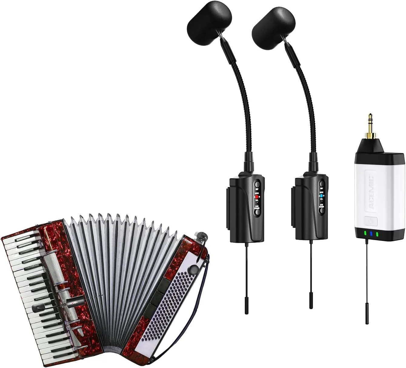 میکروفون بی سیم آکاردئون دوگانه UHF، میکروفون گیرنده ساز گردن غازی با 2 فرستنده و 1 گیرنده برای آکاردئون، سیستم های PA، میکسر صدا، بلندگوها، Q2/at-5