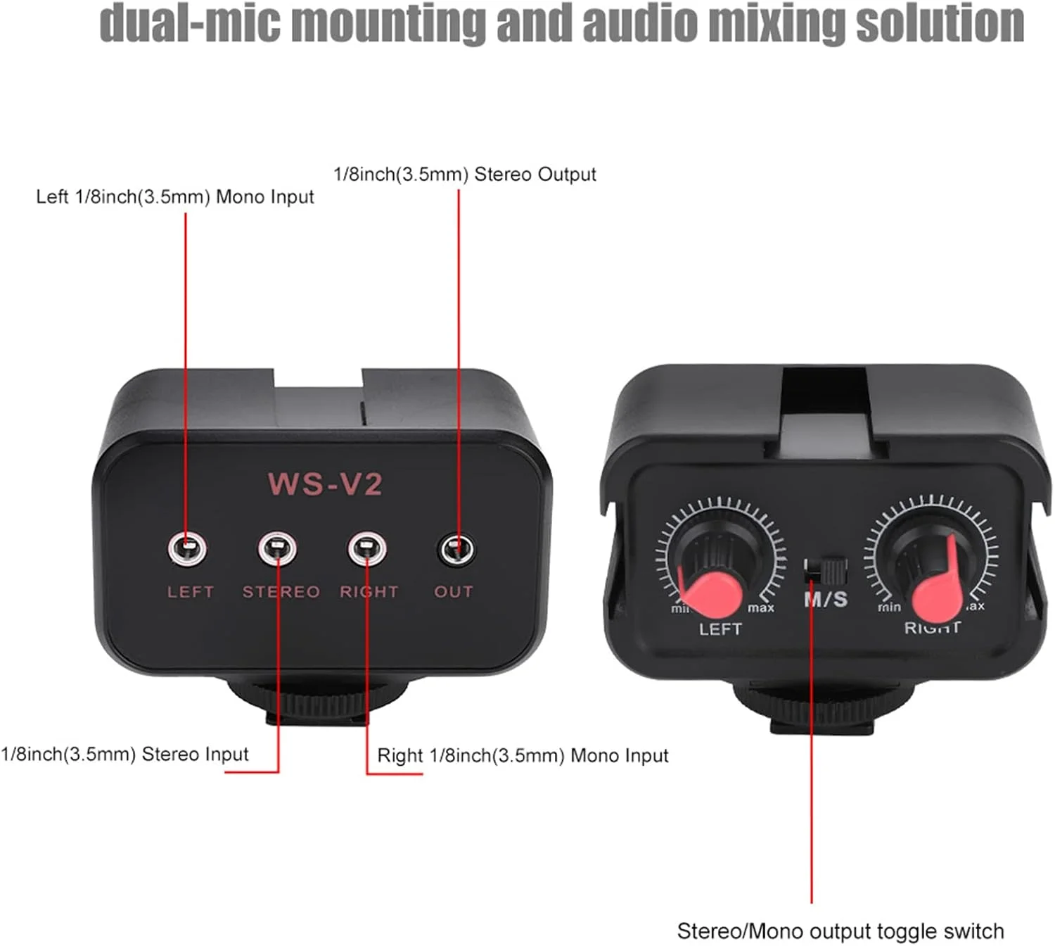 آداپتور صدای DSLR، میکسر آداپتور صدای دوربین، میکسر صدای میکروفون جهانی 2 کاناله WSV2 با ورودی های 3.5 میلی متری آداپتور صدای DSLR، میکسر آداپتور صدای دوربین، میکسر صدای میکروفون جهانی 2 کاناله WSV2 با ورودی های 3.5 میلی متری