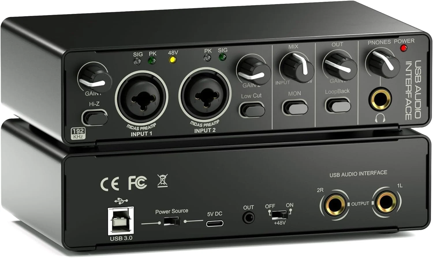 کارت صدای USB 2 ورودی 2 خروجی 24Bit 192kHz برای ضبط، استریم، پادکست با میکسر حرفه ای صدا، پری امپ میکروفون، پورت های XLR TSR TS، فانتوم پاور 48 ولت
