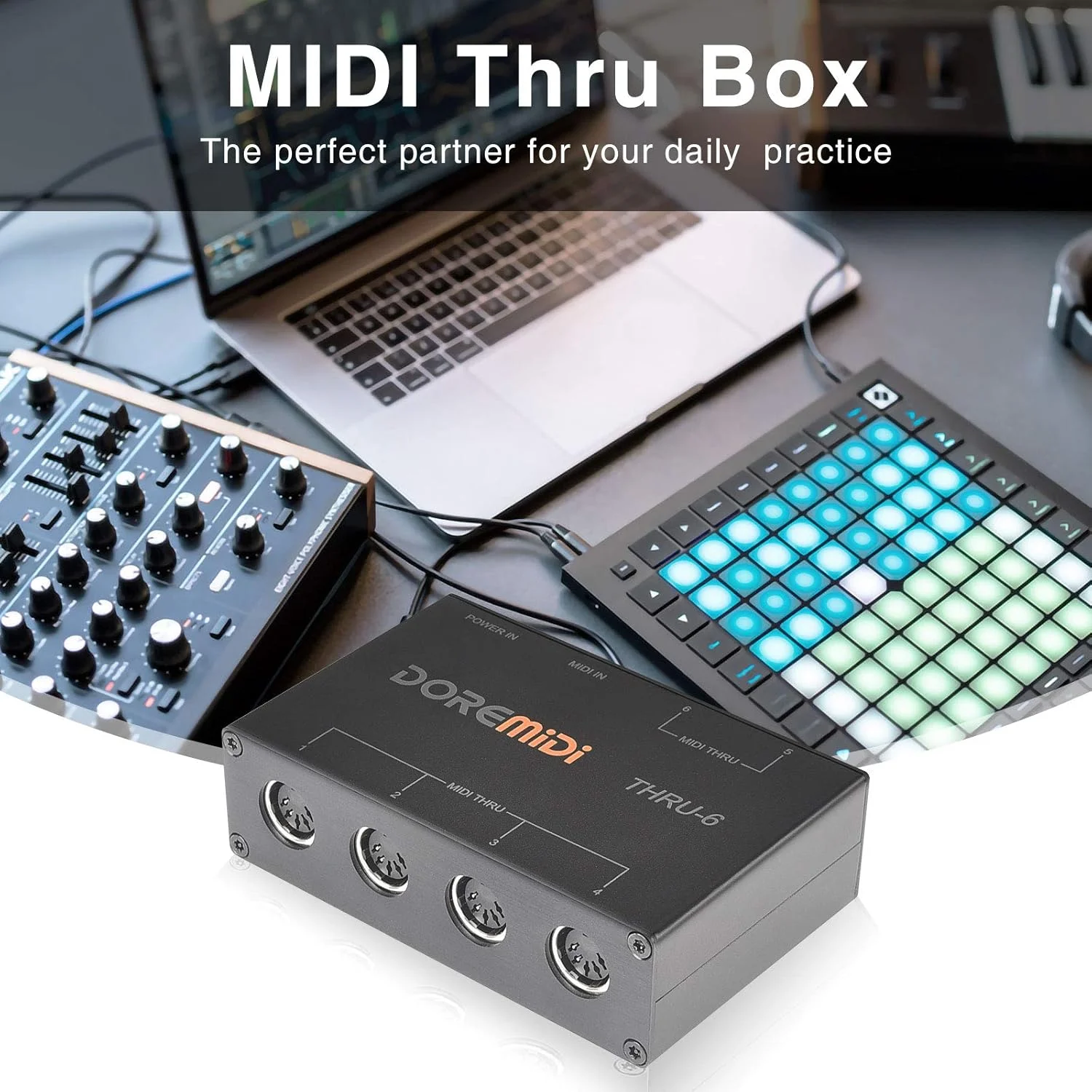 اینترفیس MIDI کمولا MIDI Thru 6 Box USB با 1 ورودی و 6 خروجی، انتقال سیمی با اپتوکوپلر پرسرعت، اسپلیتر MIDI، نصب آسان