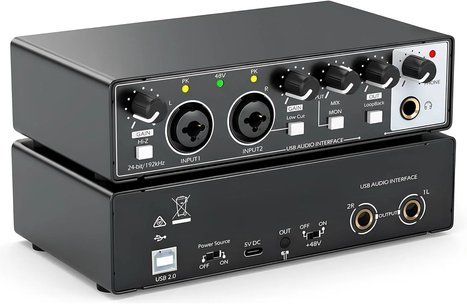 کارت صدای USB برای ضبط کامپیوتر، کارت صدای 24 بیت/192 کیلوهرتز برای ضبط موسیقی، تجهیزات استودیوی ضبط موسیقی با فانتوم پاور 48 ولت، برای استودیوی خانگی، گیتار، پادکست و استریم