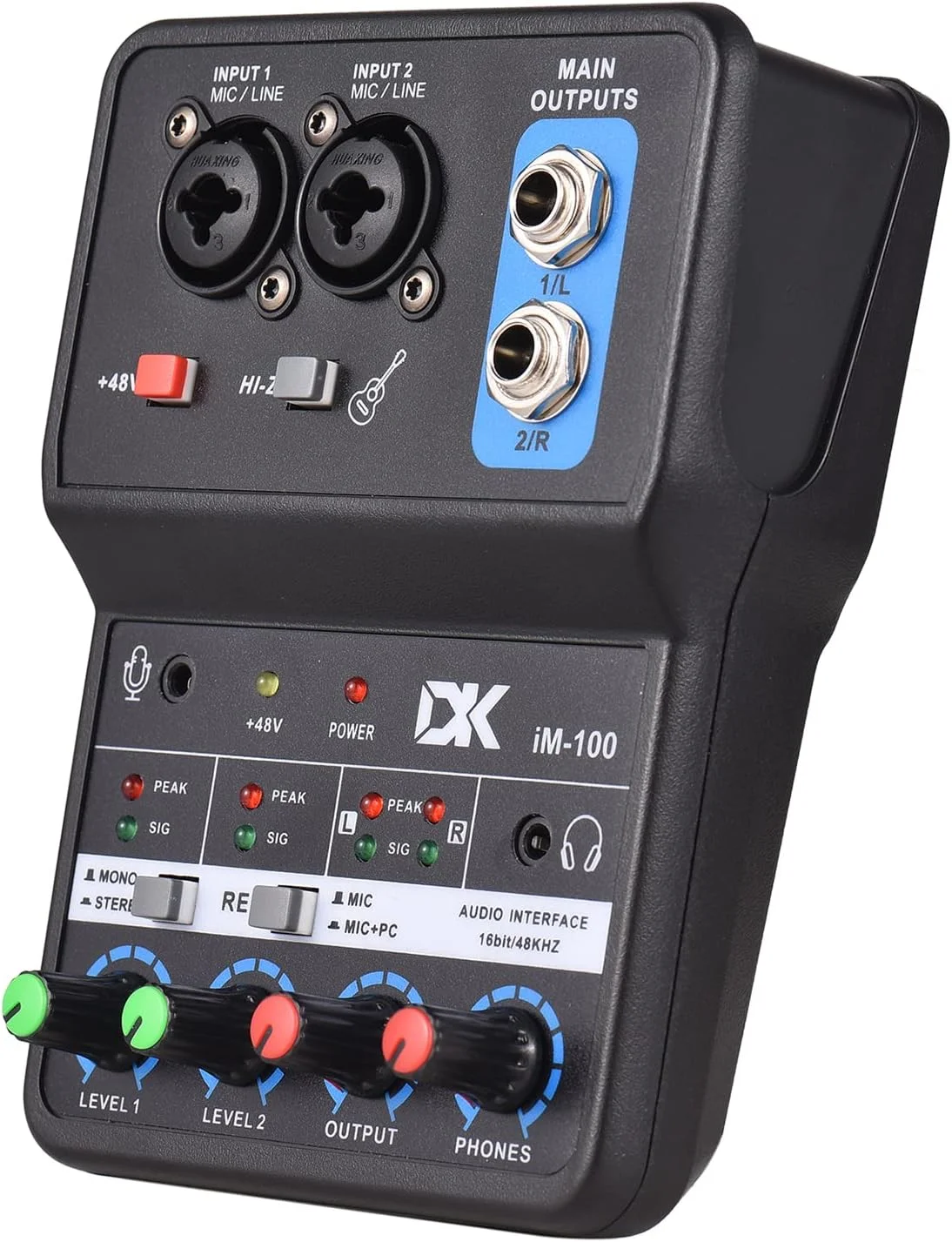 کارت صدای حرفه ای iM100 برای ضبط صدا، کارت صدای مینی USB 16 بیت/48 کیلوهرتز، کارت صدای 2 ورودی و 2 خروجی با فانتوم پاور 48 ولت، کابل USB-B، تجهیزات ضبط استودیویی برای موسیقی