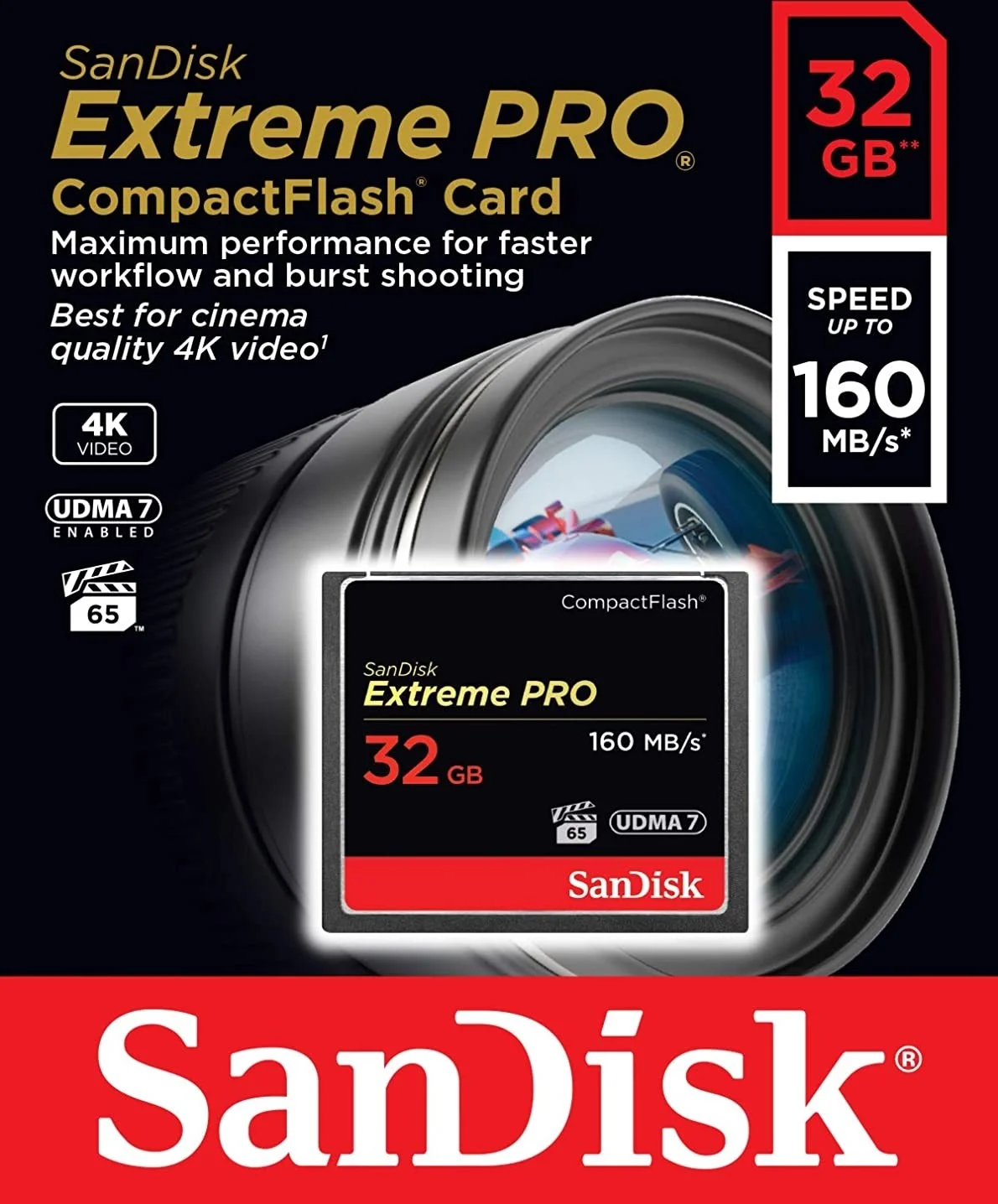 سن‌دیسک اکستریم پرو CF با سرعت 160 مگابایت بر ثانیه، 32 گیگابایت، VPG 65، UDMA 7 - مشکی | SDCFXPS-032G-X46