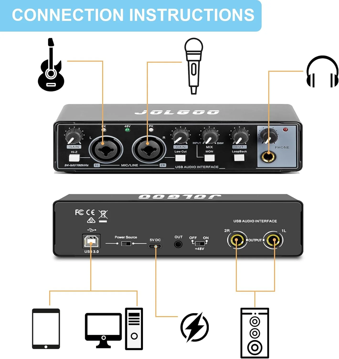 کارت صدای USB برای ضبط موسیقی، 24 بیت/192 کیلوهرتز، کارت صدای Plug and Play برای PC، Mac و تلفن هوشمند - تاخیر کم، ورودی XLR/Line، خروجی هدفون کارت صدای USB برای ضبط موسیقی، 24 بیت/192 کیلوهرتز، کارت صدای Plug and Play برای PC، Mac و تلفن هوشمند - تاخیر کم، ورودی XLR/Line، خروجی هدفون
