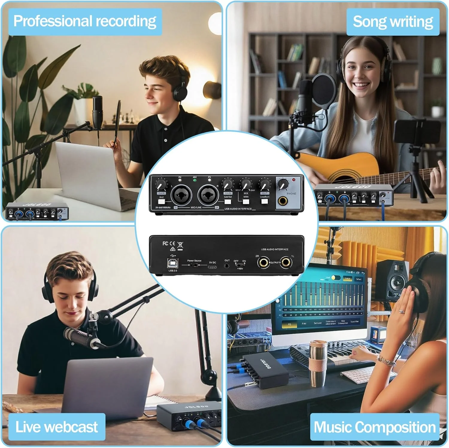کارت صدای USB برای ضبط موسیقی، 24 بیت/192 کیلوهرتز، کارت صدای Plug and Play برای PC، Mac و تلفن هوشمند - تاخیر کم، ورودی XLR/Line، خروجی هدفون کارت صدای USB برای ضبط موسیقی، 24 بیت/192 کیلوهرتز، کارت صدای Plug and Play برای PC، Mac و تلفن هوشمند - تاخیر کم، ورودی XLR/Line، خروجی هدفون