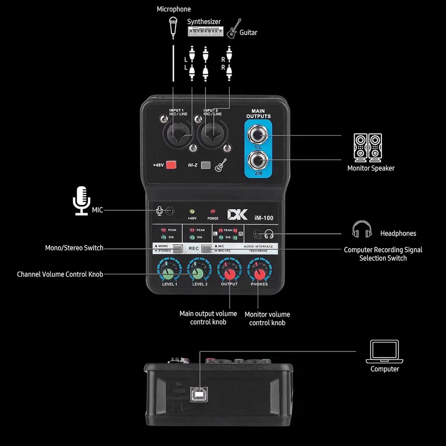 کارت صدای حرفه ای iM100 برای ضبط صدا، کارت صدای مینی USB 16 بیت/48 کیلوهرتز، کارت صدای 2 ورودی و 2 خروجی با فانتوم پاور 48 ولت، کابل USB-B، تجهیزات ضبط استودیویی برای موسیقی کارت صدای حرفه ای iM100 برای ضبط صدا، کارت صدای مینی USB 16 بیت/48 کیلوهرتز، کارت صدای 2 ورودی و 2 خروجی با فانتوم پاور 48 ولت، کابل USB-B، تجهیزات ضبط استودیویی برای موسیقی