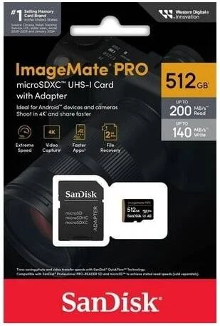 کارت حافظه SanDisk ImageMate Pro microSDXC UHS 1، ظرفیت 512 گیگابایت، سرعت انتقال بالا تا 200 مگابایت بر ثانیه، آماده برای ویدیوهای 4K UHD، عملکرد برنامه A2، قهوه ای، مشکی | SDSQXBD-512G-AW6KA