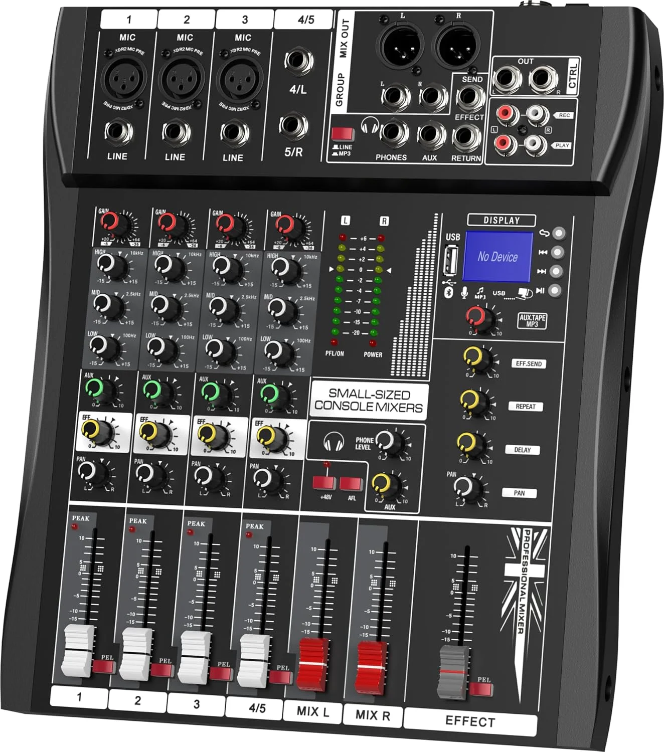 میکسر صوتی 5 کانال کارت صدا USB، میکسر صدا با بلوتوث داخلی، ورودی کامپیوتر MP3، میکسر برق فانتوم 48 ولت + برای استودیو، استیج، دی جی و کارائوکه (میکسر دی جی 5 کاناله)