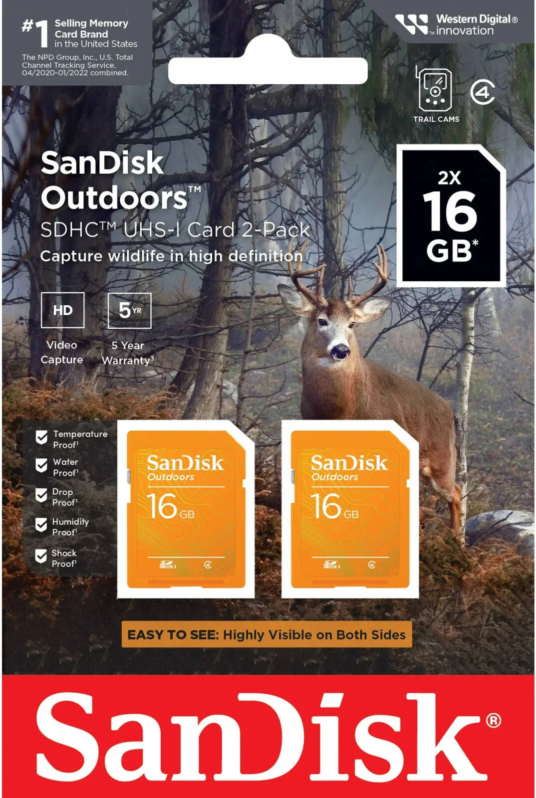 کارت حافظه سندیسک Outdoors SD UHS-I، بسته دو عددی، ظرفیت 16 گیگابایت، مناسب برای نظارت بر حیات وحش، عکاسی در فضای باز، دوربینهای تلهای و شرایط محیطی سخت | SDSDBNN-016G-AW6V2 کارت حافظه سندیسک Outdoors SD UHS-I، بسته دو عددی، ظرفیت 16 گیگابایت، مناسب برای نظارت بر حیات وحش، عکاسی در فضای باز، دوربینهای تلهای و شرایط محیطی سخت | SDSDBNN-016G-AW6V2