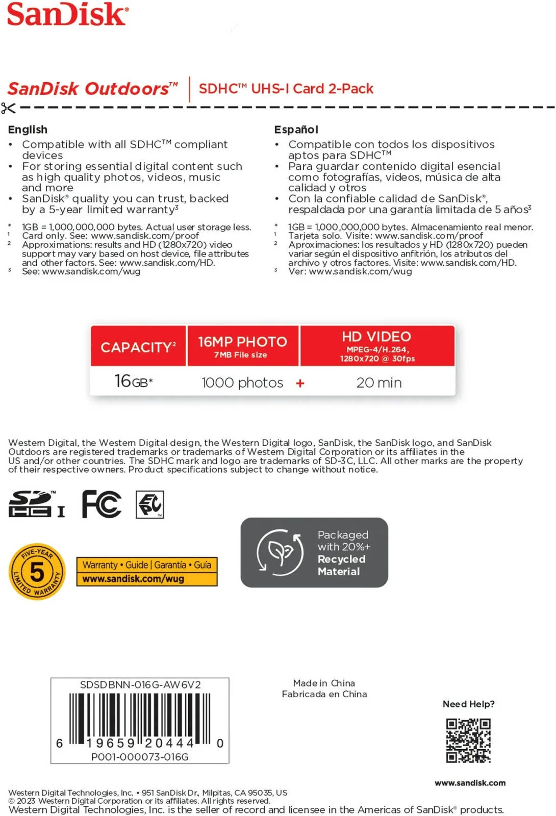 کارت حافظه سندیسک Outdoors SD UHS-I، بسته دو عددی، ظرفیت 16 گیگابایت، مناسب برای نظارت بر حیات وحش، عکاسی در فضای باز، دوربینهای تلهای و شرایط محیطی سخت | SDSDBNN-016G-AW6V2 کارت حافظه سندیسک Outdoors SD UHS-I، بسته دو عددی، ظرفیت 16 گیگابایت، مناسب برای نظارت بر حیات وحش، عکاسی در فضای باز، دوربینهای تلهای و شرایط محیطی سخت | SDSDBNN-016G-AW6V2