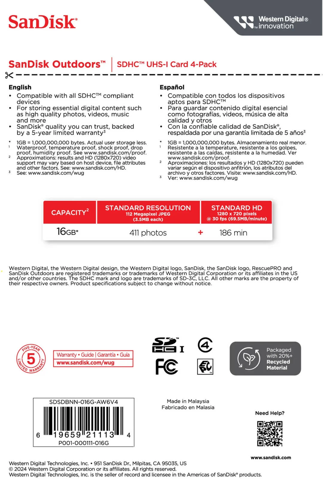 کارت حافظه سندیسک Outdoors SD UHS-I، بسته 4 عددی، ظرفیت 16 گیگابایت، مناسب برای نظارت بر حیات وحش، عکاسی در فضای باز، دوربینهای تریل و شرایط محیطی سخت | SDSDBNN-016G-AW6W4 کارت حافظه سندیسک Outdoors SD UHS-I، بسته 4 عددی، ظرفیت 16 گیگابایت، مناسب برای نظارت بر حیات وحش، عکاسی در فضای باز، دوربینهای تریل و شرایط محیطی سخت | SDSDBNN-016G-AW6W4