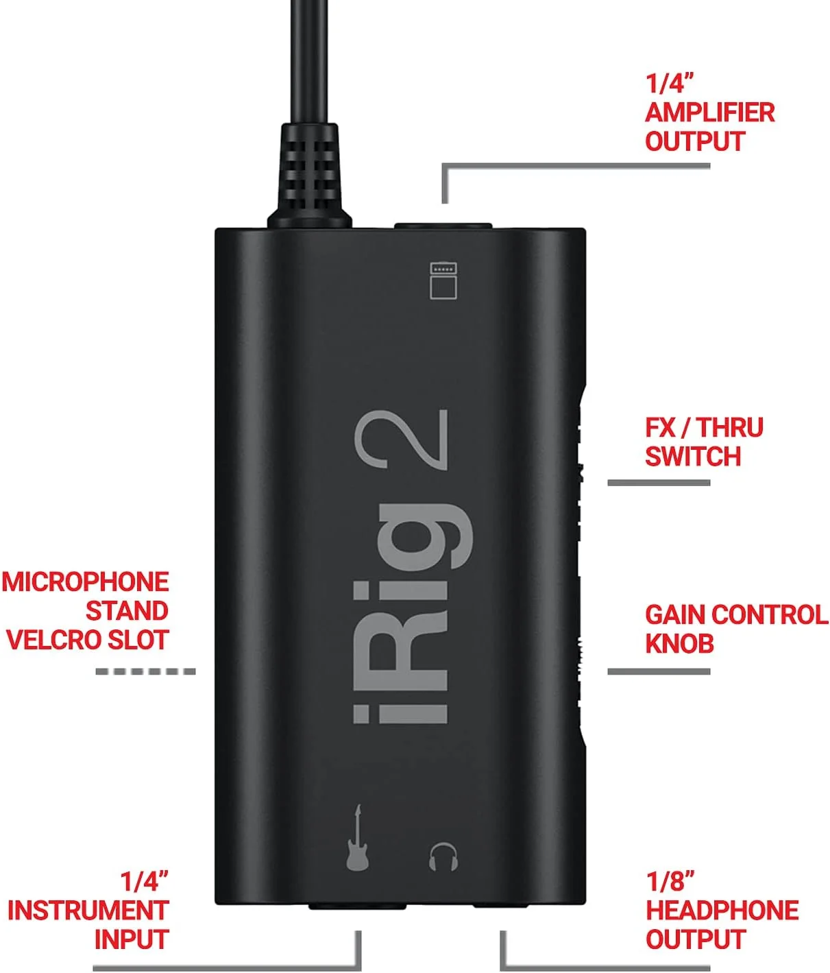 اینترفیس گیتار IK Multimedia iRig 2 برای iOS و Mac، اینترفیس گیتار TRRS با هدفون استریو، آداپتور اینترفیس برای iPhone، iPod Touch و iPad