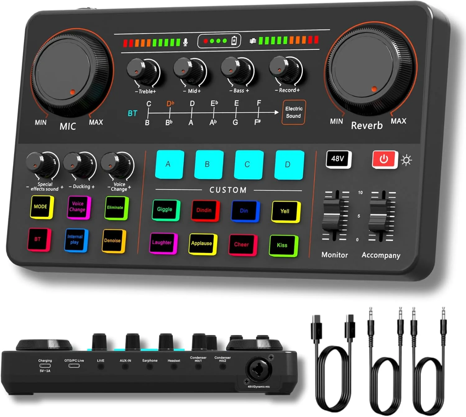 کارت صدای HOSONGIN برای مبتدیان - میکسر پادکست استریمینگ با پری امپ حرفه ای، فانتوم پاور 48 ولت، تغییر صدا، جلوه های صوتی قابل تنظیم، کاهش نویز برای پادکست، بازی، ضبط