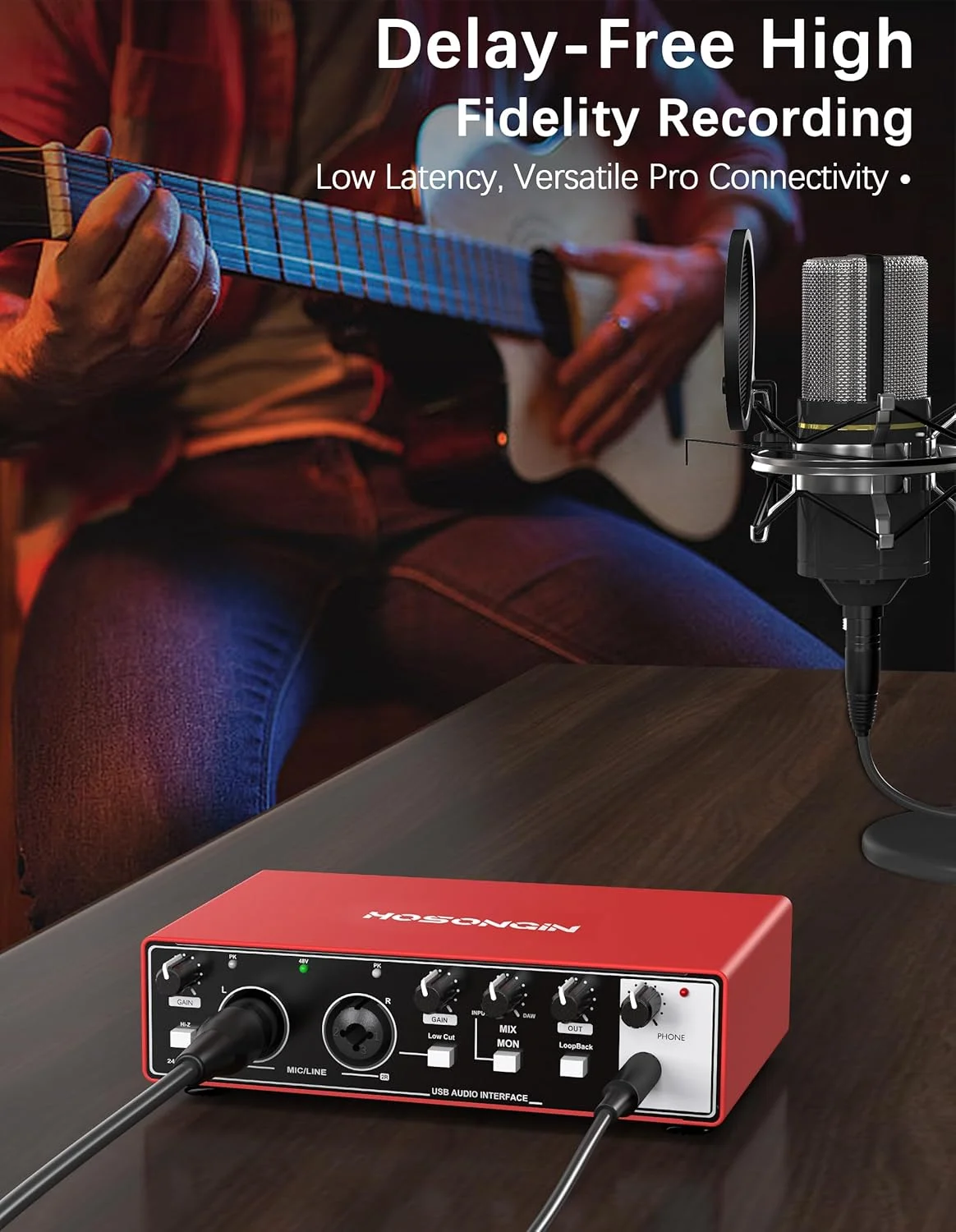 کارت صدای USB هوسانگین برای ضبط موسیقی در رایانه شخصی و مک، کارت صدا برای برنامه های کاربردی رسانه های اصلی، قرمز