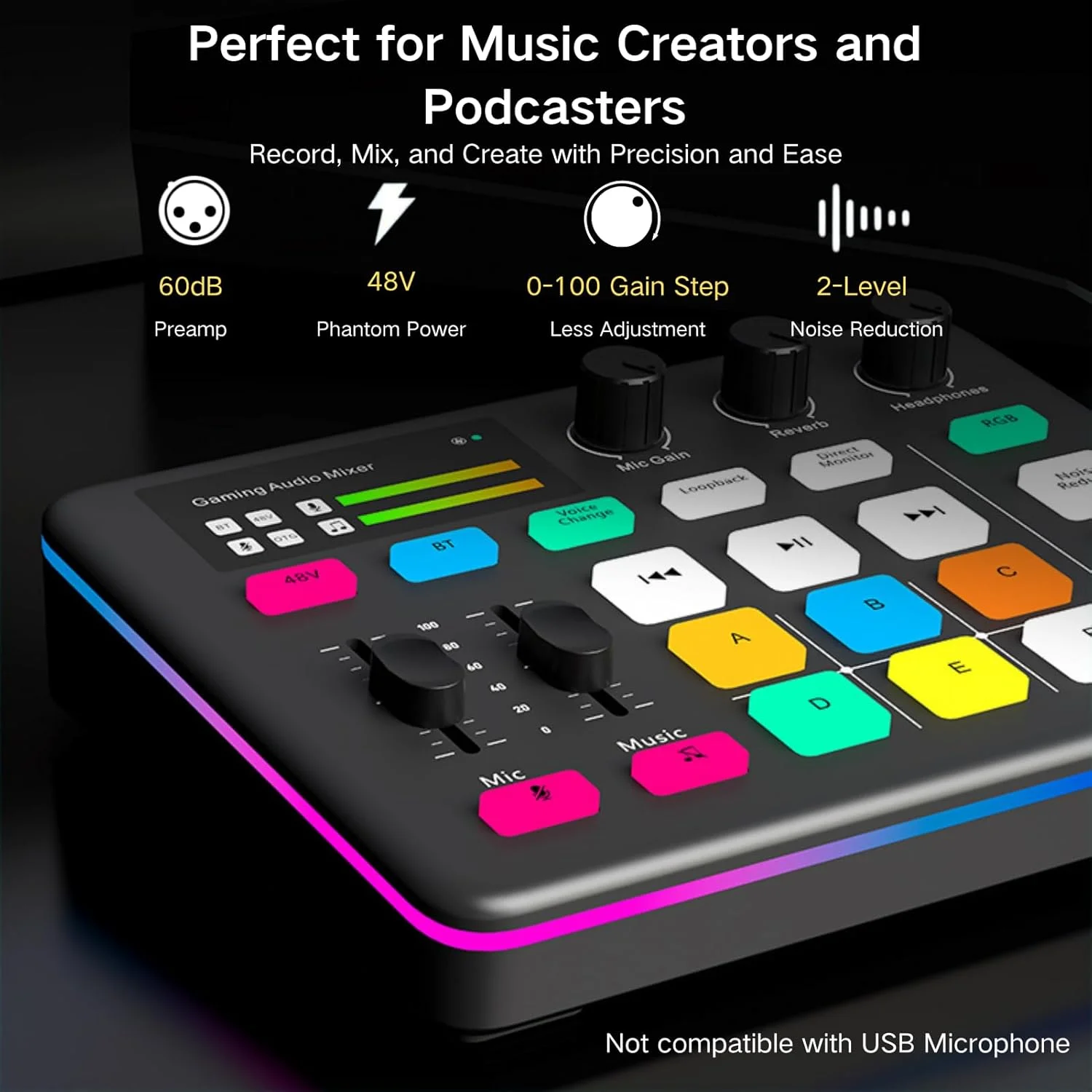 کارت صدای گیمینگ HOSONGIN، پری امپ حرفه ای با فانتوم پاور 48 ولت، تغییر صدا و افکت های میکسر DJ، نورپردازی RGB برای پخش زنده، پادکست، ضبط، سازگار با Stream Deck، میکسر صدای گیمینگ