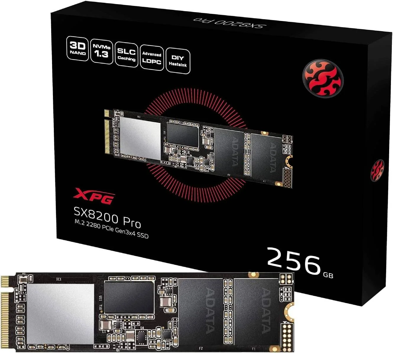حافظه اس اس دی اینترنال ADATA XPG SX8200 Pro 256GB NVMe M.2، رابط PCIe 3.0 x4، سرعت خواندن ترتیبی تا 3500 مگابایت بر ثانیه و نوشتن ترتیبی تا 1200 مگابایت بر ثانیه، فناوری فلش 3D NAND، مشکی | ‎ASX8200PNP-256GT-C