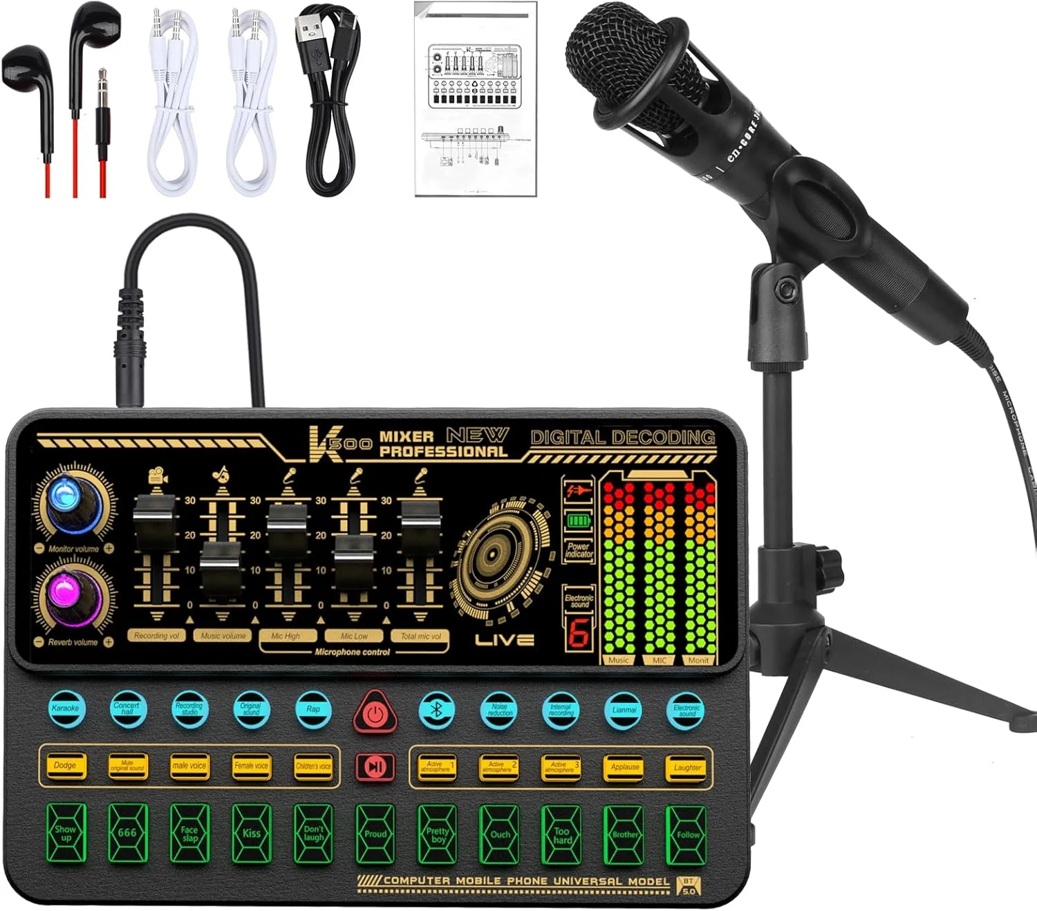 میکسر پادکست، ست SK500، میکسر صوتی 2 کاناله با نور LED، تغییر دهنده صدا، جلوه های صوتی متعدد، ورودی کمکی
