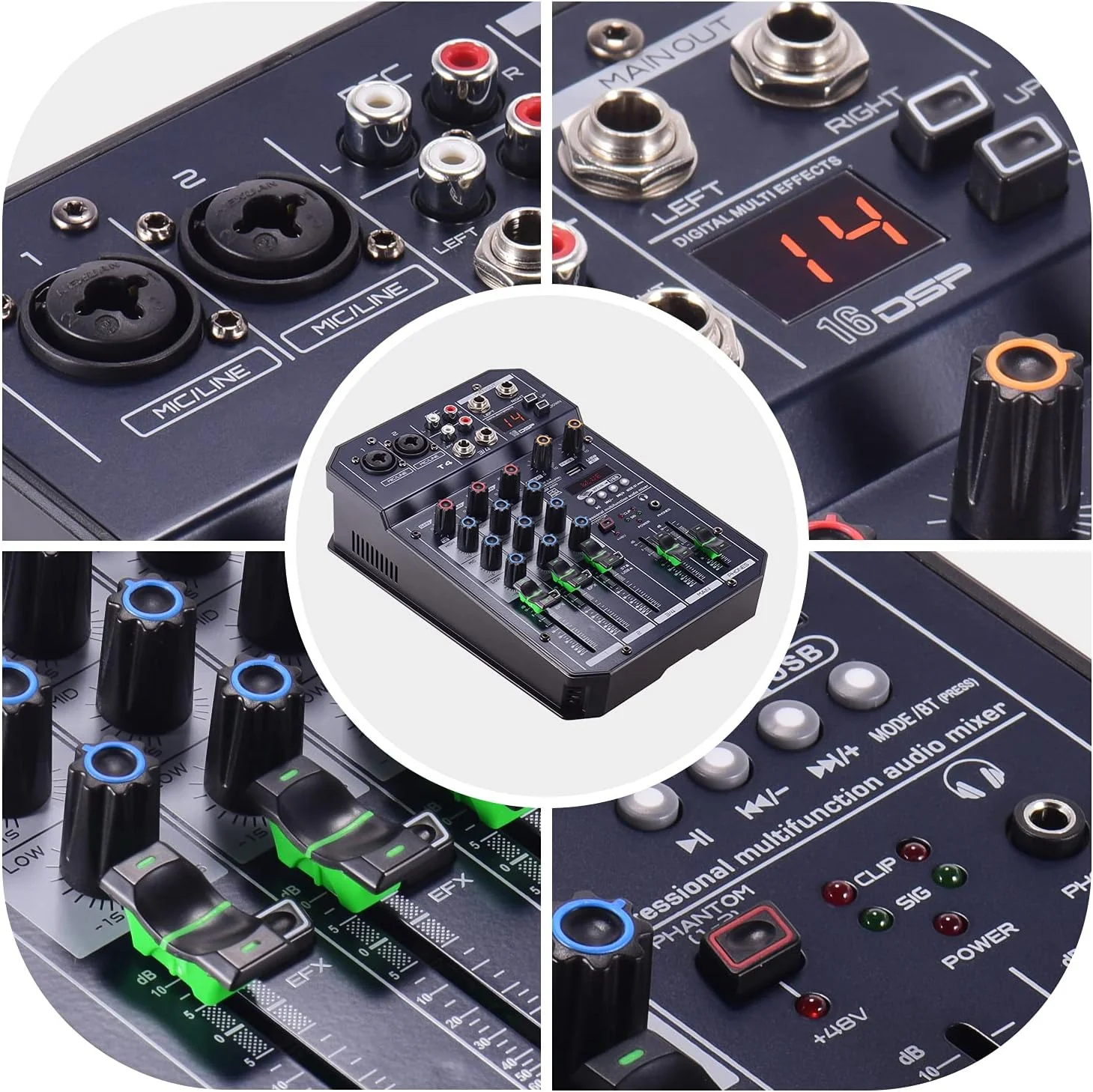 میکسر صوتی 4 کاناله کارت صدای قابل حمل HXBER T4، دارای 16 DSP داخلی، فانتوم پاور 48 ولت، پشتیبانی از اتصال BT، پخش کننده MP3، عملکرد ضبط، منبع تغذیه 5 ولت برای پخش زنده شبکه DJ