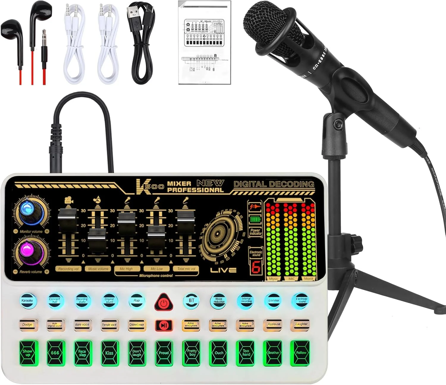 مجموعه تجهیزات پادکست، کارت صدای پایه با میکروفون و پایه، حذف نویز، داکینگ، حذف صدا، لوپ بک، مجموعه تجهیزات پادکست با کاربری آسان برای KTV، استریمینگ، پادکست، یوتیوب، تیک تاک (سفید)