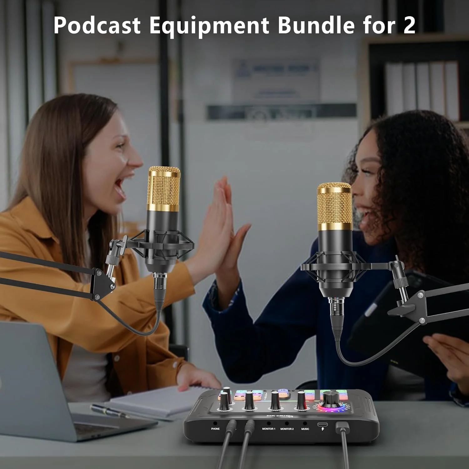 مجموعه تجهیزات پادکست برای 2 نفر، کارت صدای با تغییر دهنده صدا به همراه میکروفون های کاندنسر برای پخش زنده، میکسر DJ مناسب برای ضبط پادکست، بازی، آواز و یوتیوب