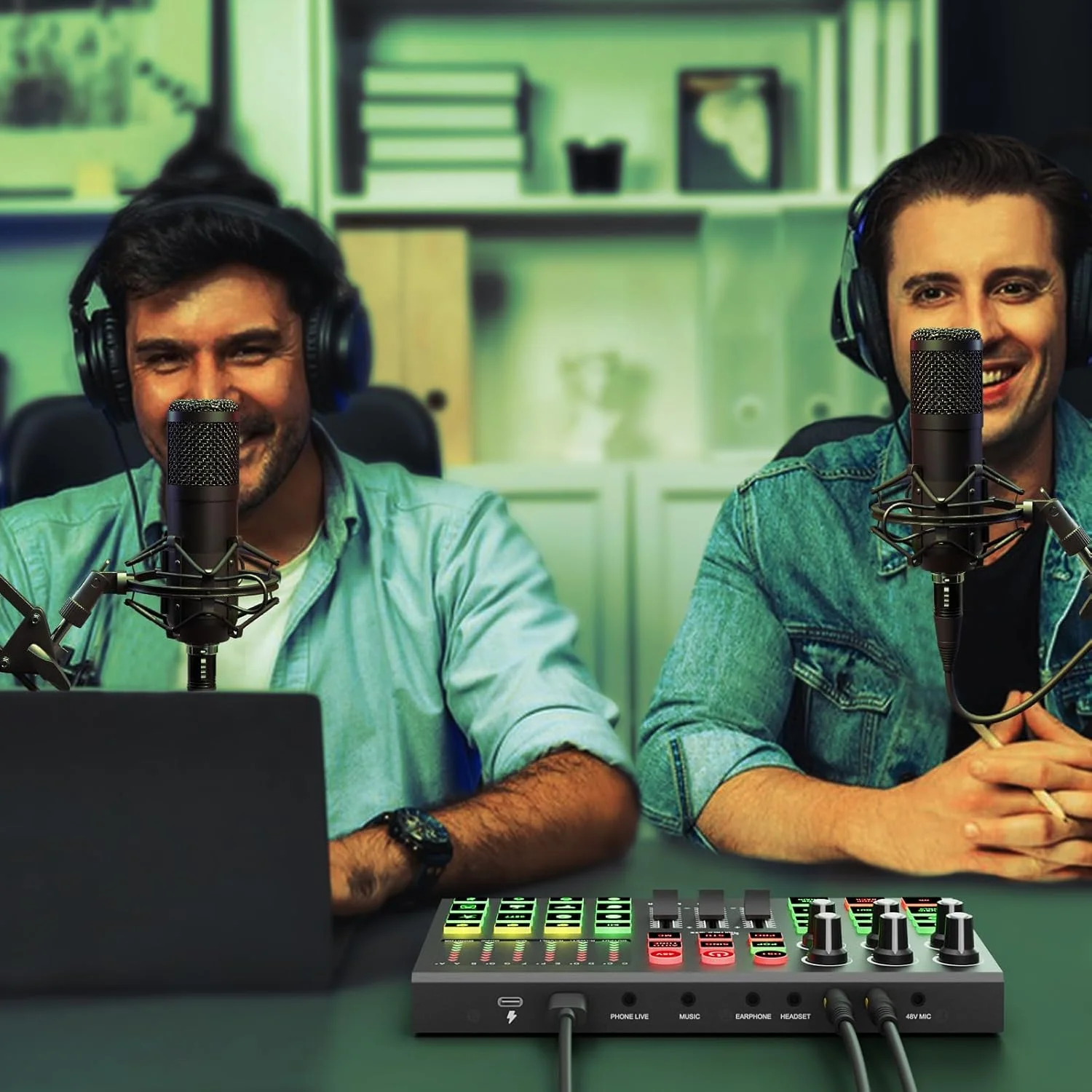 مجموعه تجهیزات پادکست برای 2 نفر، میکسر DJ رابط صوتی تمام فلزی با میکروفون پادکست، تغییر صدا، 48 ولت برای پادکست، استریم، تیک تاک، یوتیوب، کامپیوتر، تلفن هوشمند (V1)