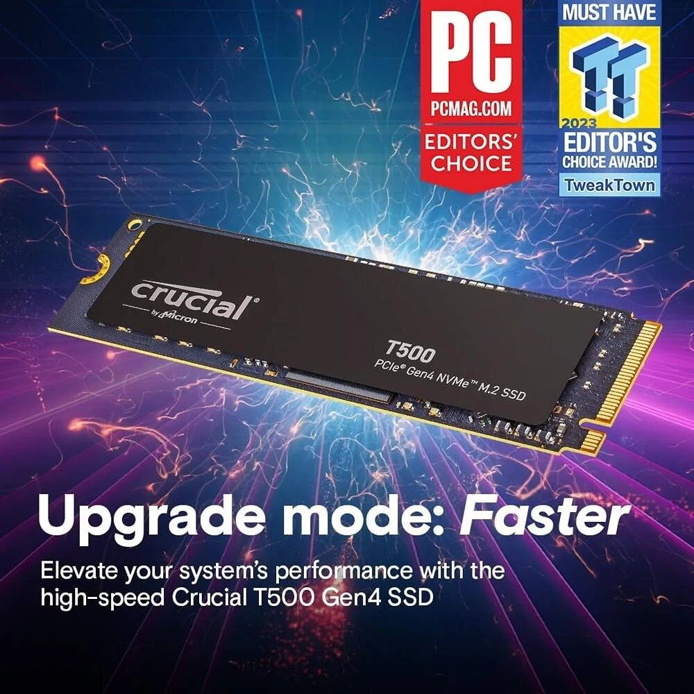 حافظه اس اس دی داخلی کروشیال T500 با ظرفیت 1 ترابایت، PCIe Gen4 NVMe M.2، سرعت خواندن تا 7300 مگابایت بر ثانیه و سرعت نوشتن 6800 مگابایت بر ثانیه، 1.5 میلیون ساعت MTBF، سازگار با لپ تاپ و کامپیوتر | CT1000T500SSD8