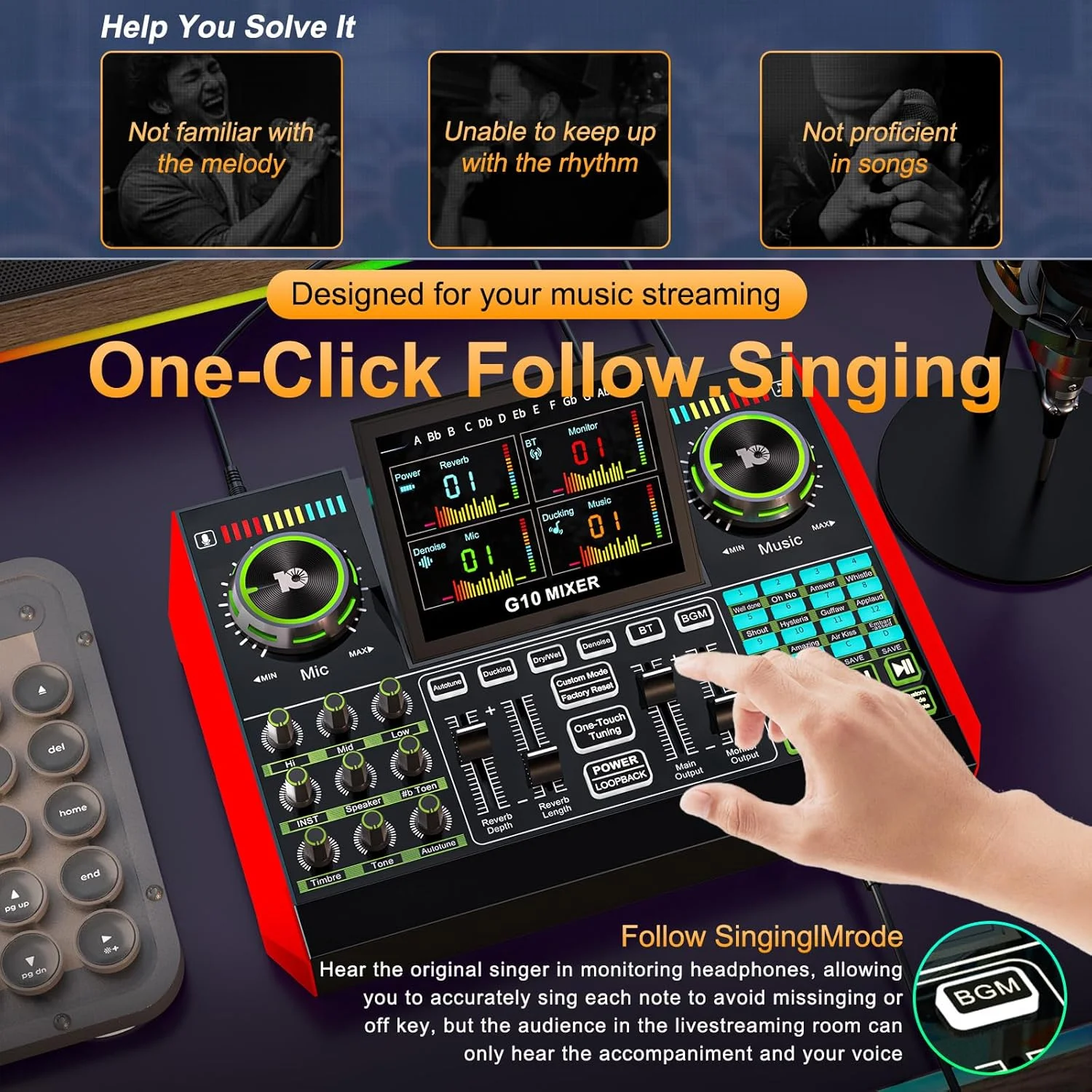 میکسر صوتی گیمینگ Tenlamp G10، کارت صدای حرفه ای استریم زنده برای کامپیوتر با فانتوم پاور 48 ولت، رابط صوتی XLR و 3.5 میلی متری برای پادکست/ضبط/ساخت محتوای آواز