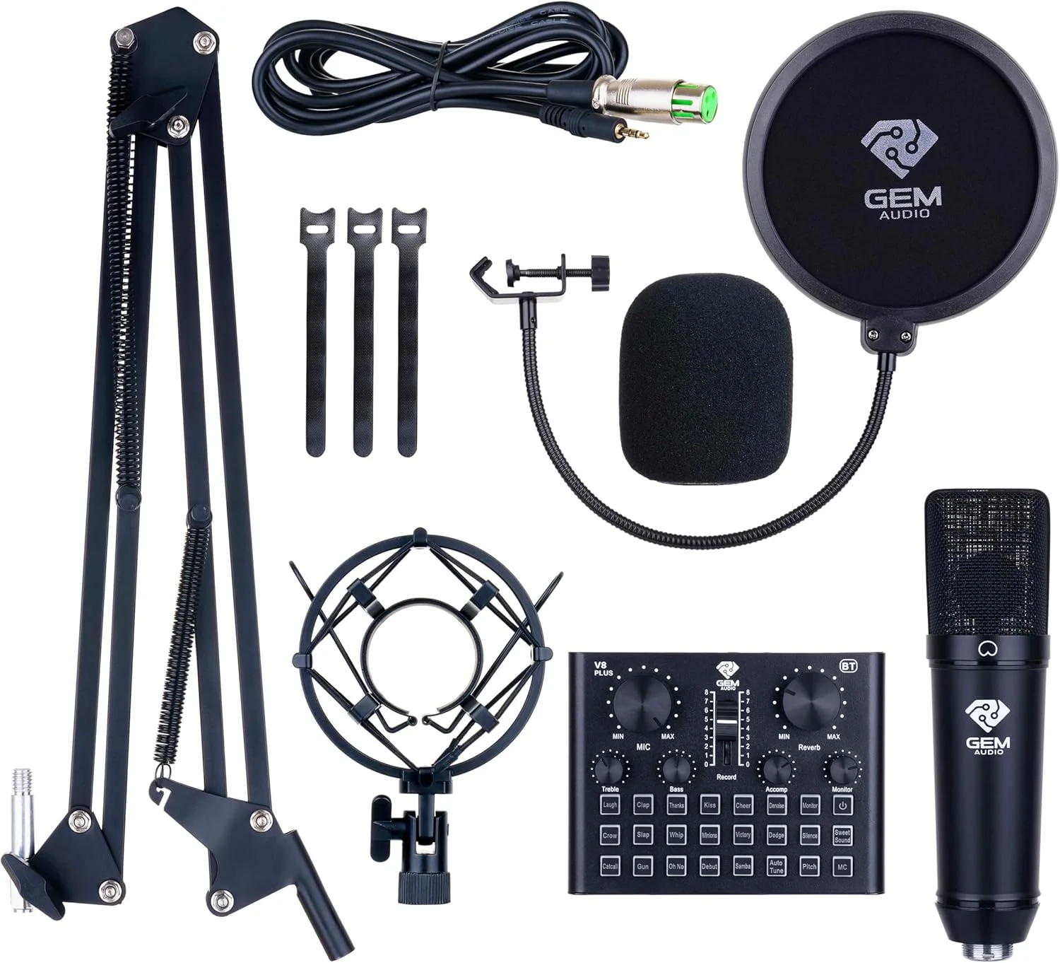 پکیج استودیویی خانگی GA-800/V8Plus، شامل میکروفون کاندنسر دیافراگم بزرگ GA-800، کارت صدای V8 Plus، هدفون، پایه بازویی میکروفون استودیویی، پاپ فیلتر، لرزه گیر.