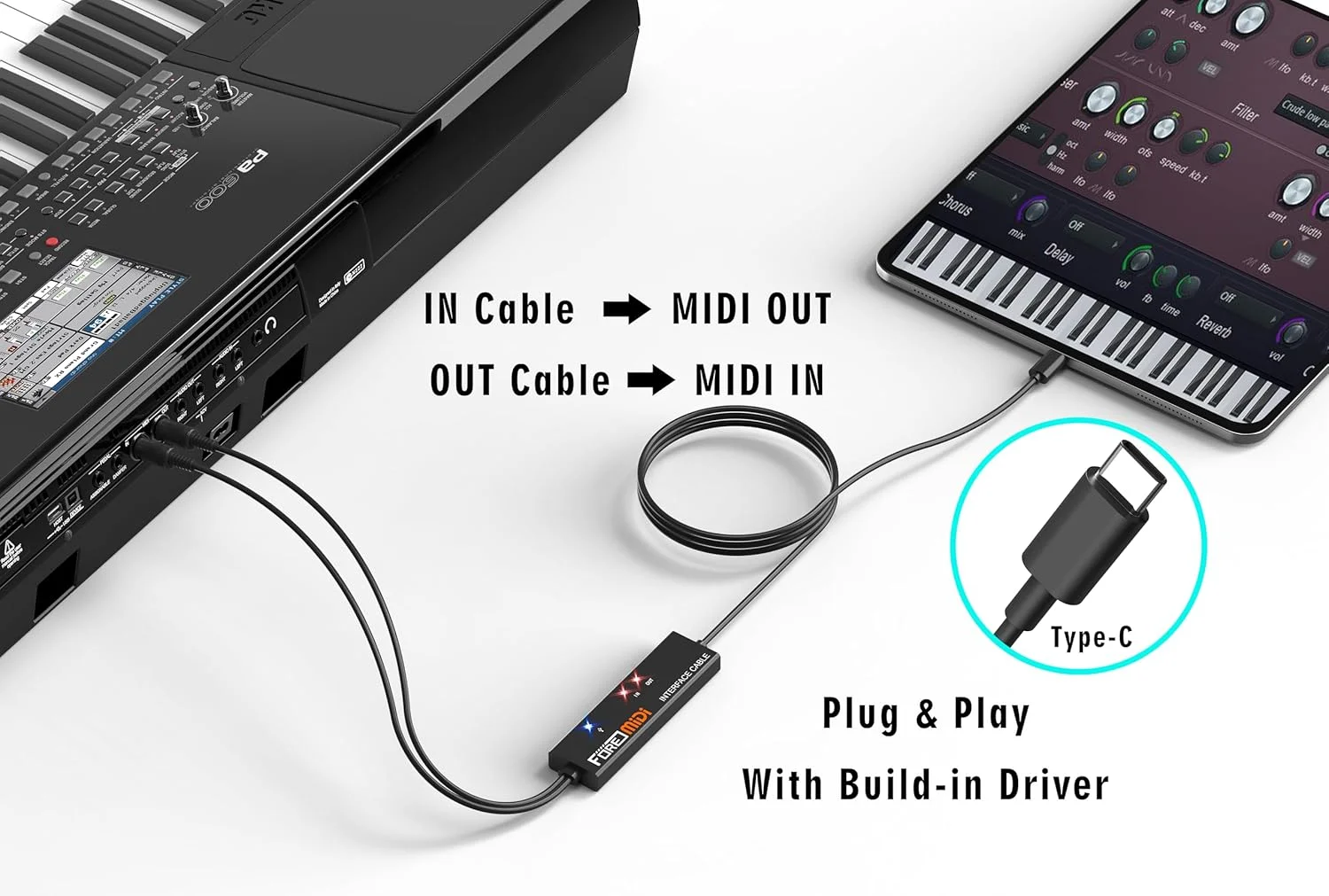 اینترفیس Type-C به MIDI مدل T1 با ورودی و خروجی MIDI پنج پین Din سازگار با کیبورد/سینتی سایزر/دستگاه MIDI برای ویرایش و ضبط ترک سازگار با iOS، Mac OS و Windows Type-C مشکی - 6.5 فوت