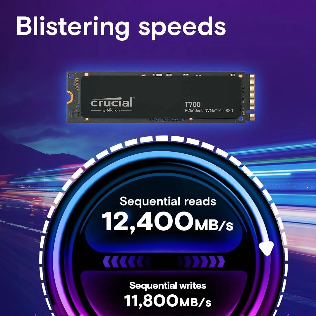 حافظه اس اس دی اینترنال کروشیال T700 با ظرفیت 2 ترابایت، PCIe Gen5 NVMe M.2، سرعت خواندن تا 12400 مگابایت بر ثانیه و سرعت نوشتن 11800 مگابایت بر ثانیه، 232 لایه TLC NAND، استقامت تا 1200 ترابایت، 1.5 میلیون ساعت MTTF، مشکی | CT2000T700SSD3 حافظه اس اس دی اینترنال کروشیال T700 با ظرفیت 2 ترابایت، PCIe Gen5 NVMe M.2، سرعت خواندن تا 12400 مگابایت بر ثانیه و سرعت نوشتن 11800 مگابایت بر ثانیه، 232 لایه TLC NAND، استقامت تا 1200 ترابایت، 1.5 میلیون ساعت MTTF، مشکی | CT2000T700SSD3
