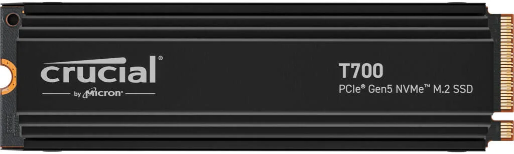 حافظه اس اس دی اینترنال کروشیال T700 با ظرفیت 4 ترابایت، PCIe Gen5 NVMe M.2 به همراه هیت سینک، سرعت خواندن تا 11700 مگابایت بر ثانیه و سرعت نوشتن 9500 مگابایت بر ثانیه، 232 لایه TLC NAND، تا 600 ترابایت، 1.5 میلیون ساعت MTTF، مشکی | CT4000T700SSD5