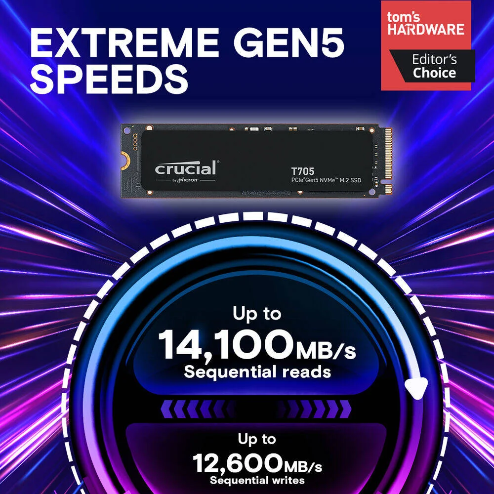 حافظه اس اس دی داخلی کروشیال T705 NVMe، ظرفیت 1 ترابایت، رابط PCIe 5.0، فرم فاکتور 2280 M.2، حداکثر سرعت نوشتن 10,200 مگابایت بر ثانیه، حداکثر سرعت خواندن 13,600 مگابایت بر ثانیه، 600 TBW، مشکی | CT1000T705SSD3 حافظه اس اس دی داخلی کروشیال T705 NVMe، ظرفیت 1 ترابایت، رابط PCIe 5.0، فرم فاکتور 2280 M.2، حداکثر سرعت نوشتن 10,200 مگابایت بر ثانیه، حداکثر سرعت خواندن 13,600 مگابایت بر ثانیه، 600 TBW، مشکی | CT1000T705SSD3