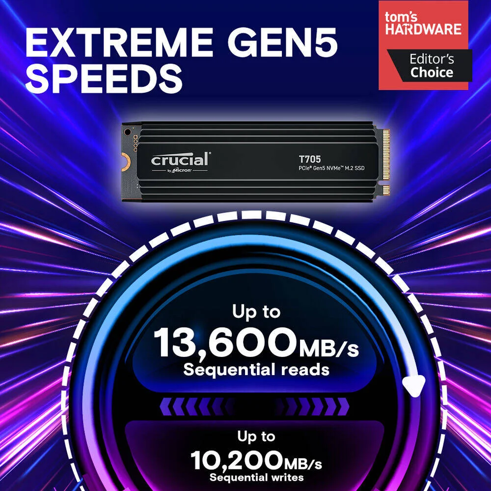 حافظه اس اس دی داخلی کروشیال T705 NVMe با هیت سینک، ظرفیت 1 ترابایت، رابط PCIe Gen 5 x4، فرم فاکتور M.2 2280، سرعت نوشتن ترتیبی تا 10,200 مگابایت بر ثانیه و سرعت خواندن 13,600 مگابایت بر ثانیه، 600 TBW، مشکی | CT1000T705SSD5 حافظه اس اس دی داخلی کروشیال T705 NVMe با هیت سینک، ظرفیت 1 ترابایت، رابط PCIe Gen 5 x4، فرم فاکتور M.2 2280، سرعت نوشتن ترتیبی تا 10,200 مگابایت بر ثانیه و سرعت خواندن 13,600 مگابایت بر ثانیه، 600 TBW، مشکی | CT1000T705SSD5