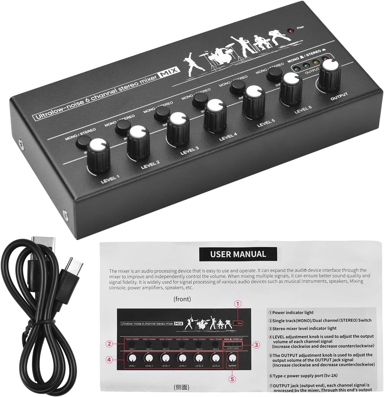 میکسر کوچک 6 کاناله استریو Fafeicy با کنترل مستقل صدا برای سازها، میکروفون ها و کنسول های میکس