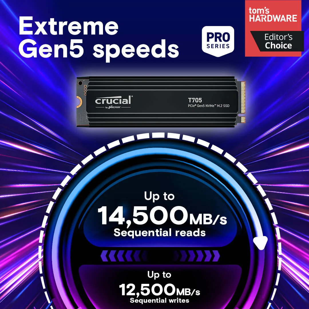هارد اس اس دی اینترنال کروشیال T705 NVMe با هیت سینک، ظرفیت 2 ترابایت، رابط PCIe Gen 5 x4، فرم فاکتور M.2 2280، سرعت خواندن ترتیبی تا 14500 مگابایت بر ثانیه و نوشتن 12700 مگابایت بر ثانیه، 1200 TBW، مشکی | CT2000T705SSD5
