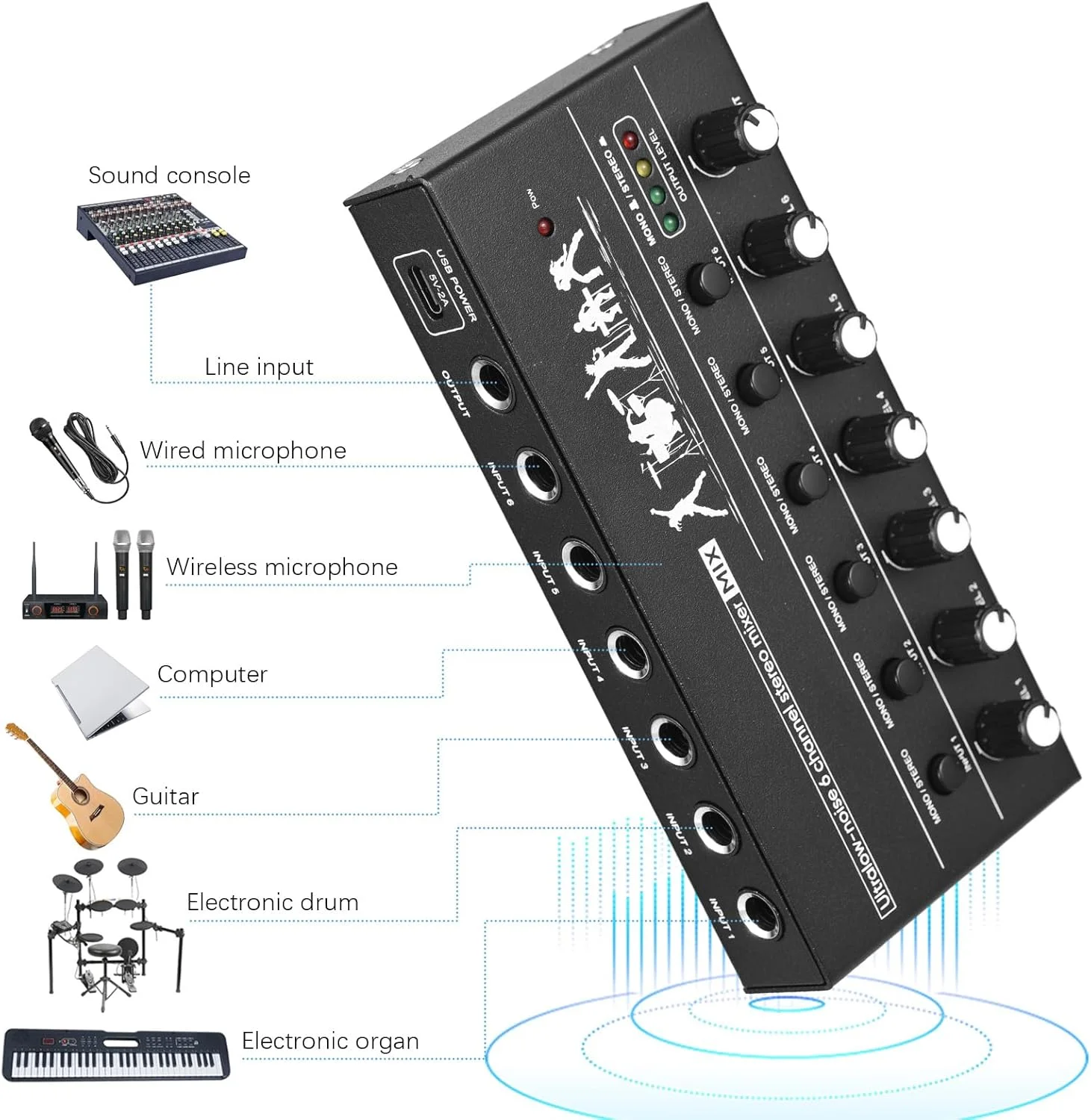 میکسر کوچک 6 کاناله استریو Fafeicy با کنترل مستقل صدا برای سازها، میکروفون ها و کنسول های میکس