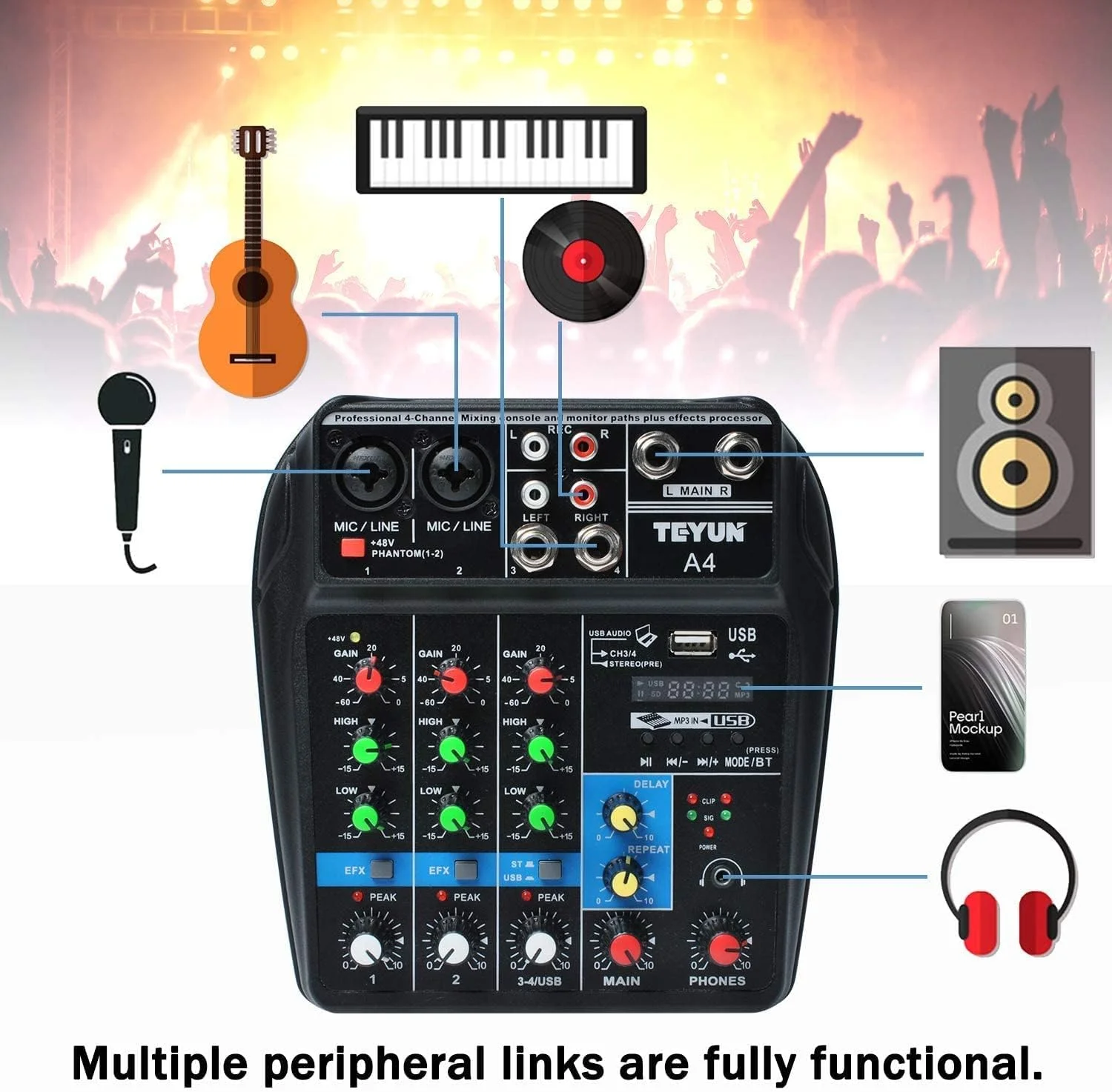 میکسر صوتی 4 کاناله بلوتوث USB eWINNER، کنسول میکس صدا BT با ورودی مونو استریو، افکت‌های Reverb، پاور فانتوم 48 ولت، برد رابط صوتی برای تنظیم استیج، استودیو خانگی، KTV، موسیقی و غیره