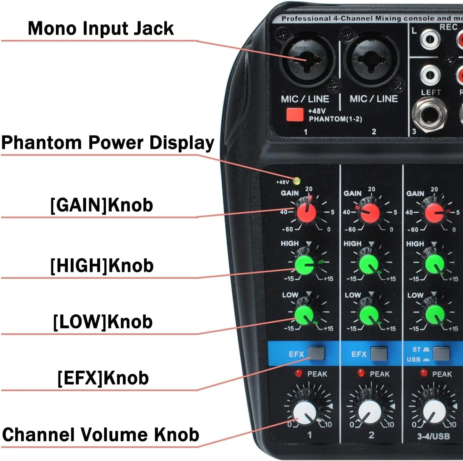 میکسر صوتی 4 کاناله بلوتوث USB eWINNER، کنسول میکس صدا BT با ورودی مونو استریو، افکت‌های Reverb، پاور فانتوم 48 ولت، برد رابط صوتی برای تنظیم استیج، استودیو خانگی، KTV، موسیقی و غیره