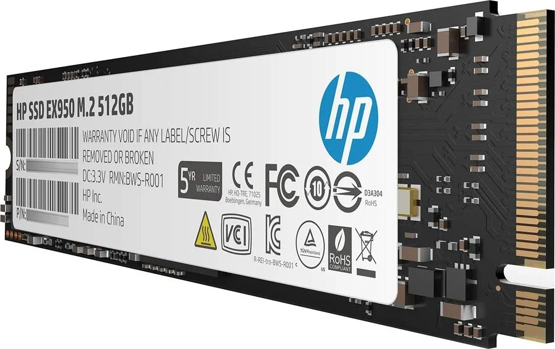 HP EX950 M.2 512 GB PCIe 3.1 x4 NVMe درایو حالت جامد داخلی (SSD)، سرعت خواندن ترتیبی تا 3500 مگابیت بر ثانیه و سرعت نوشتن 2250 مگابیت بر ثانیه، PCleGen3(8Gb/s)×4، فناوری 3D TLC NAND، 2 میلیون ساعت MTBF، مشکی | 5MS22AA